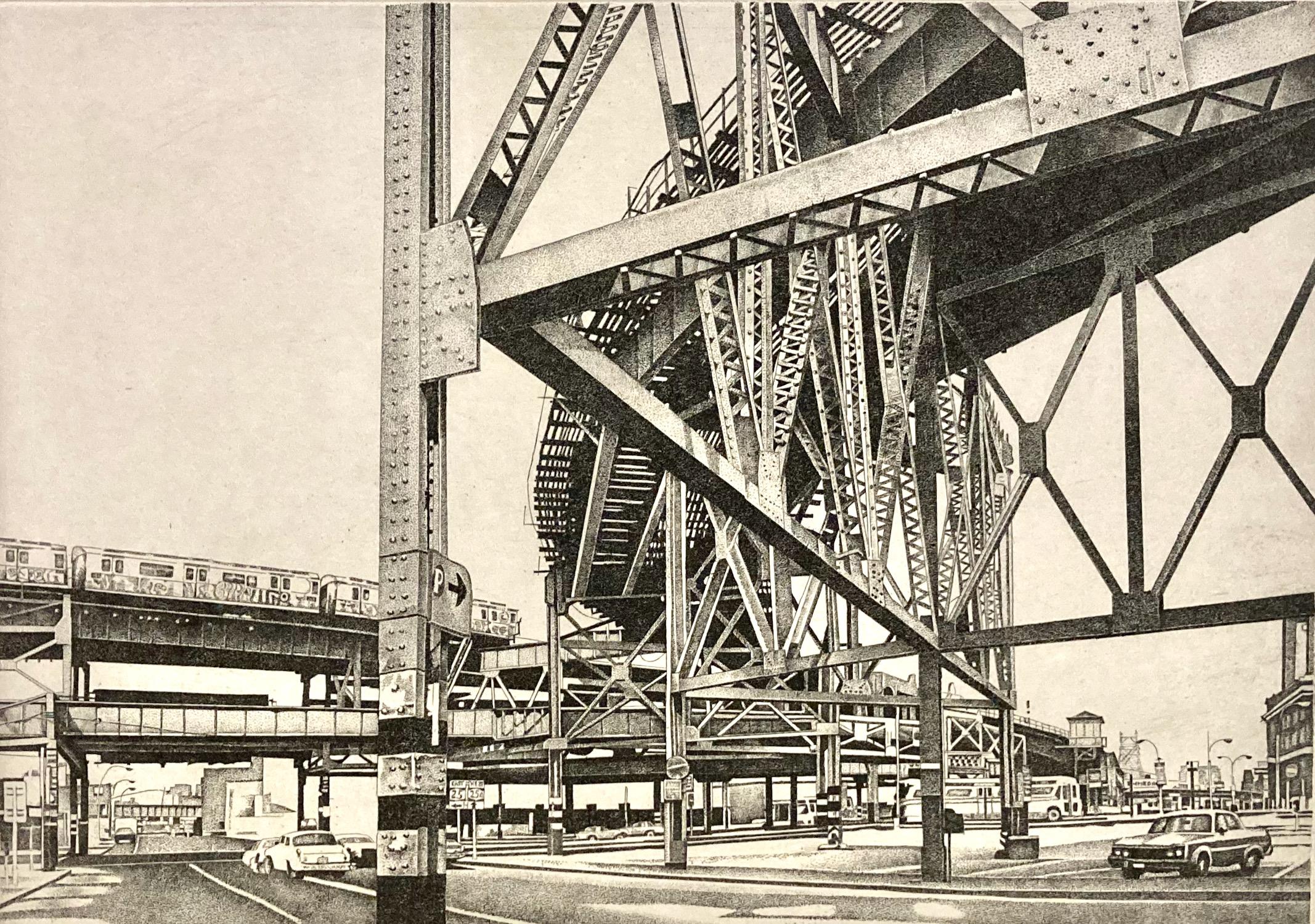 Rudolf Häsler, The El, 1981, gravure au pointillé - Contemporain Print par Rudolf Hasler