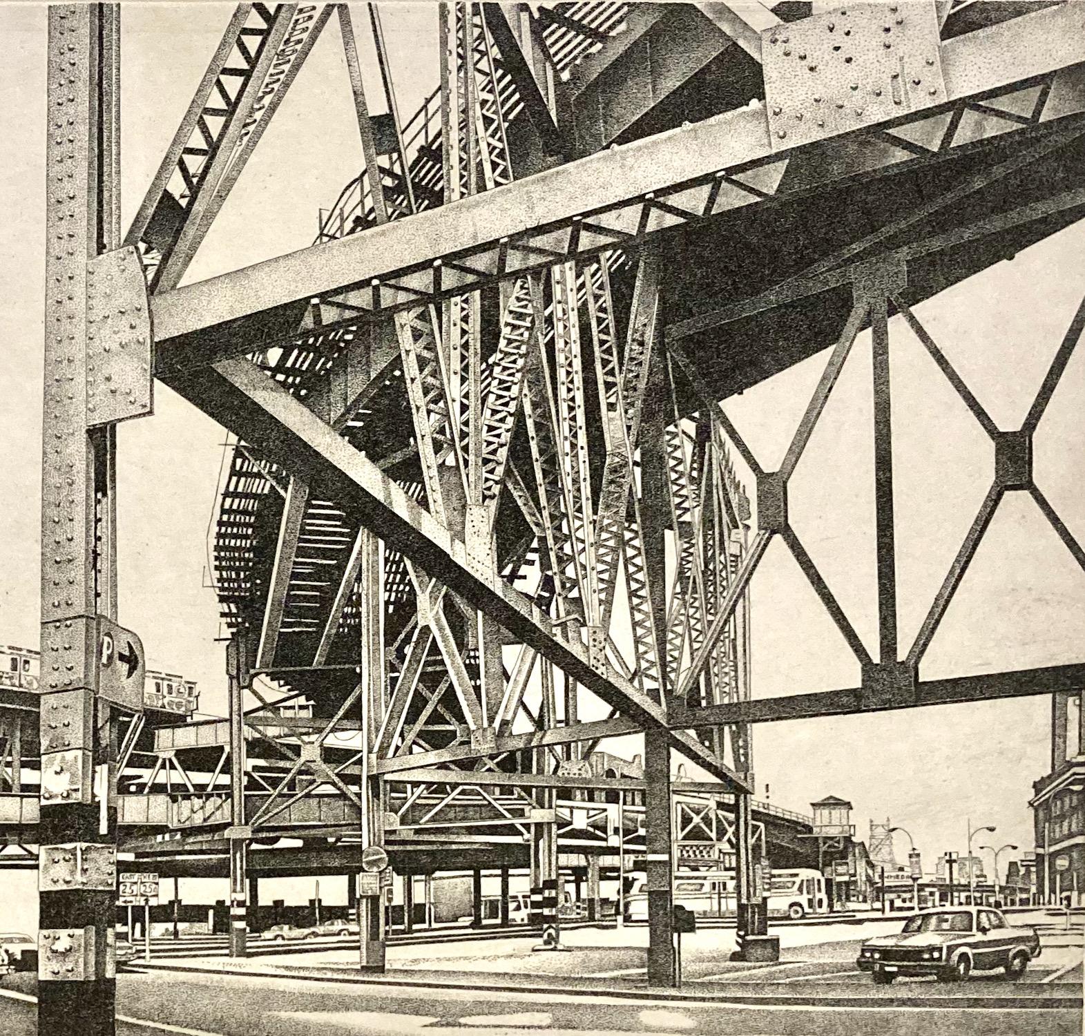 Rudolf Häsler, The El, 1981, gravure au pointillé - Beige Figurative Print par Rudolf Hasler