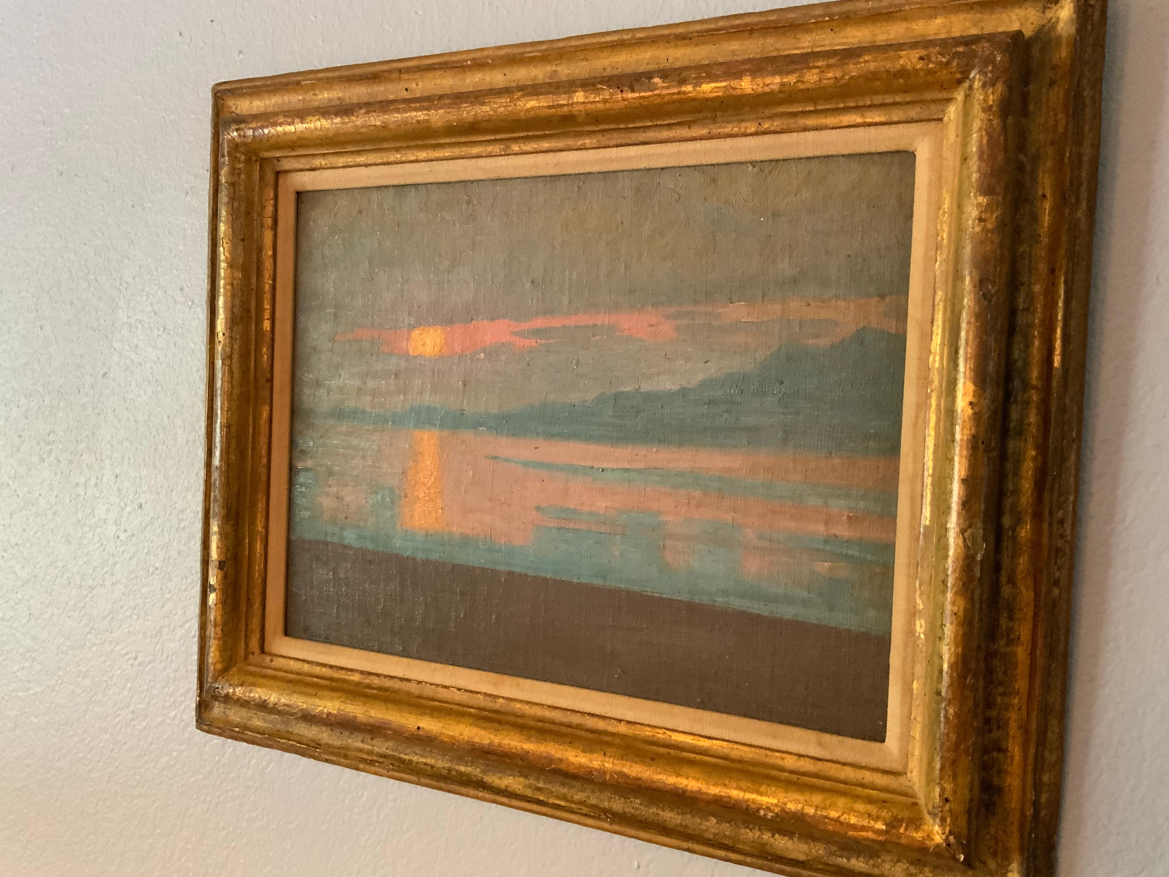 
Framed Oil Painting on Canvas by Rudolf Hause (1877-1961)  A splendid  Painting on canvas by Rudolph Hause depicting a sunset on lake Chiemsee. Back is signed Rudolph Hause Munich Arabella St.   Very  good condition. Original gilt frame with some