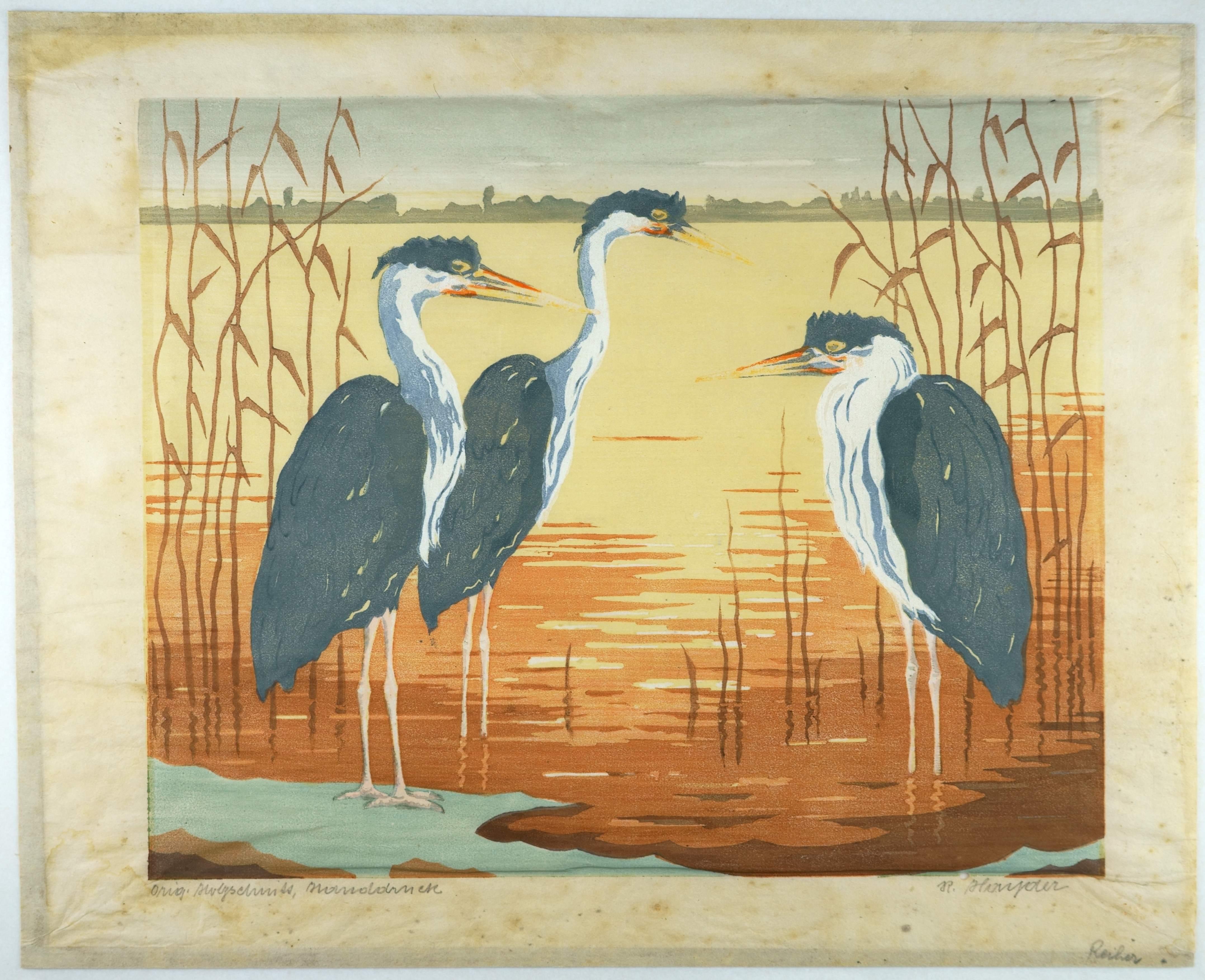 Three Herons - At the flaming lake - - Realist Print by Rudolf Hayder