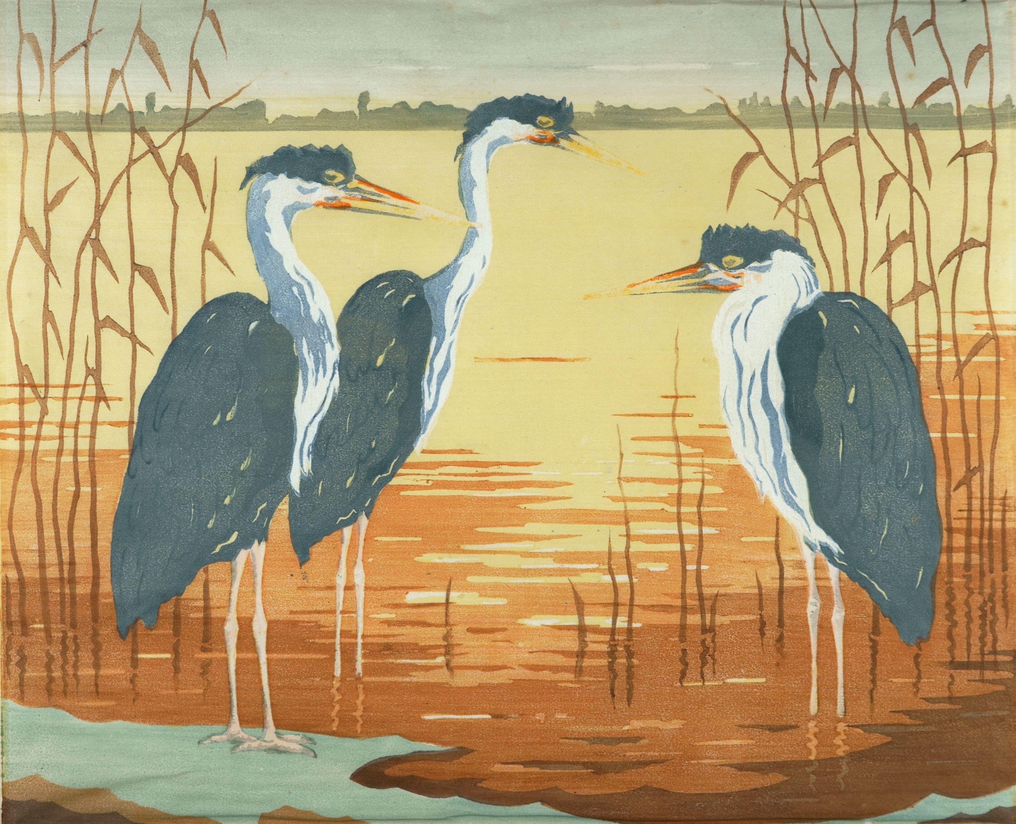 Rudolf Hayder Animal Print - Three Herons - At the flaming lake -