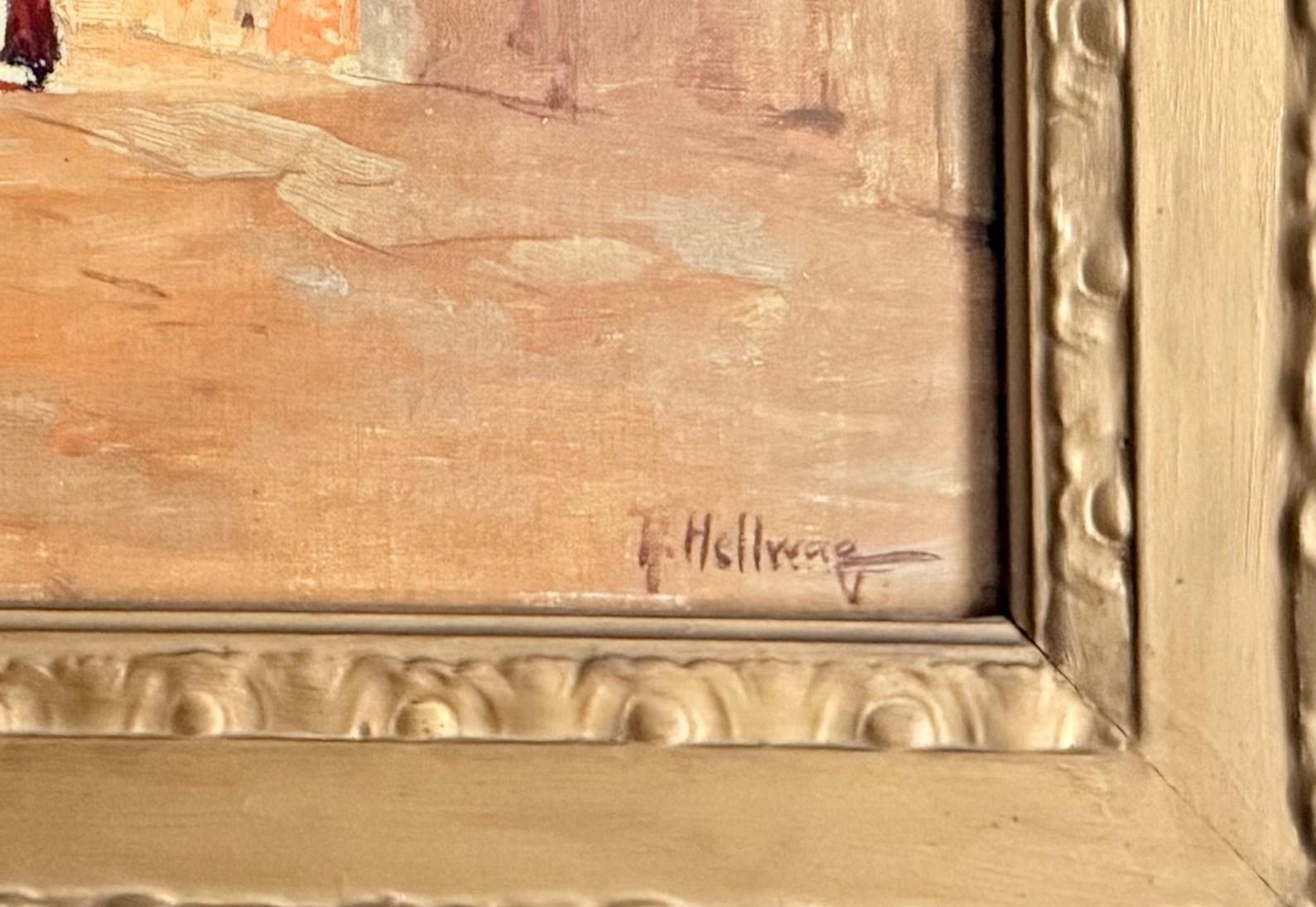 Rudolf Hellwag (* 14. September 1867 in Innsbruck; † 24. Februar 1942 in Berlin

Öl auf Karton, signiert unten rechts R. Hellwag

Warm kolorierte Straßenszene in Venedig mit Spaziergängern und Händlern unter blauem Sommerhimmel, leicht pastos, mit