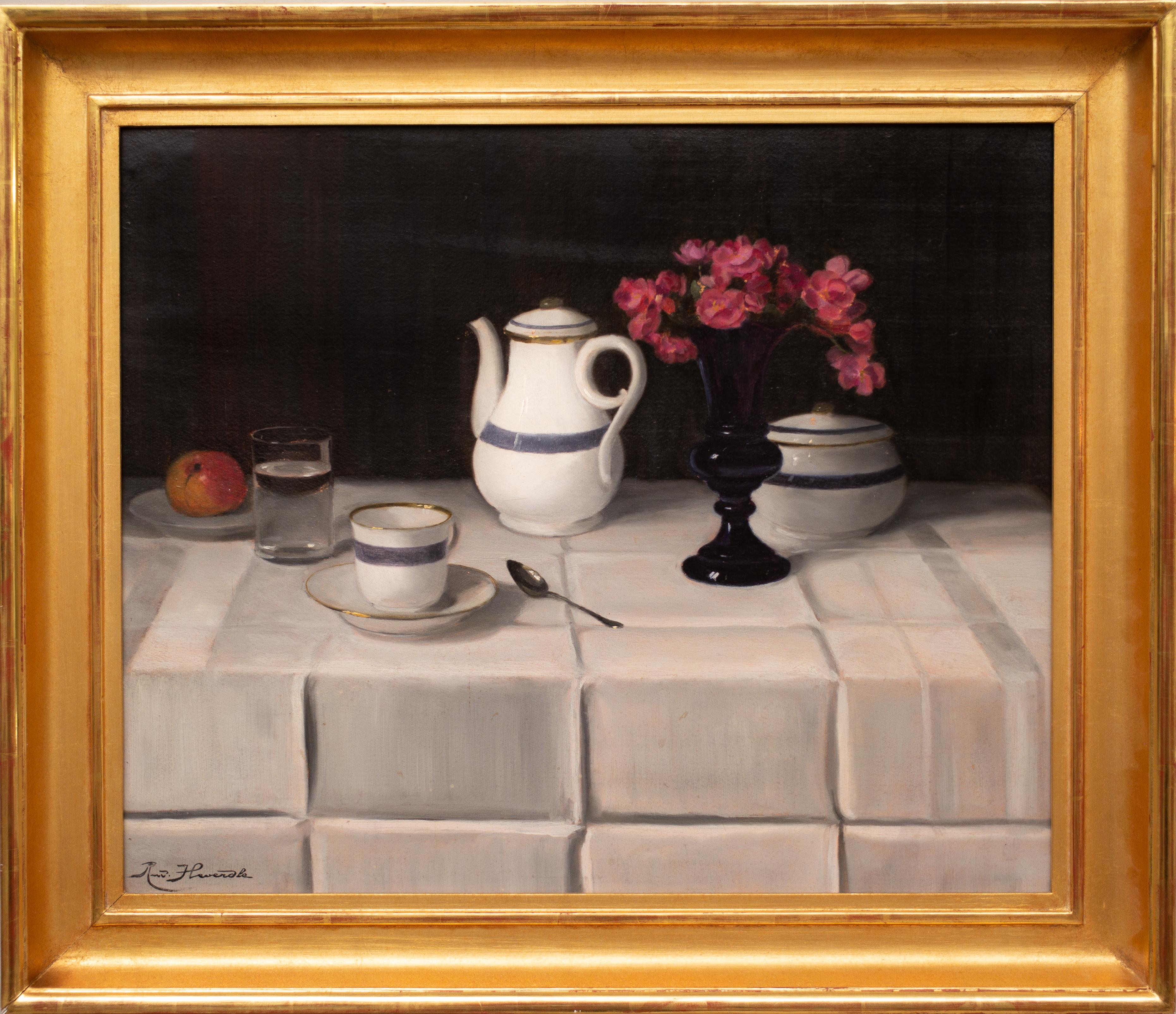 Peinture de nature morte de l'artiste hongrois Rudolf Heverdle, huile sur carton, signée 1