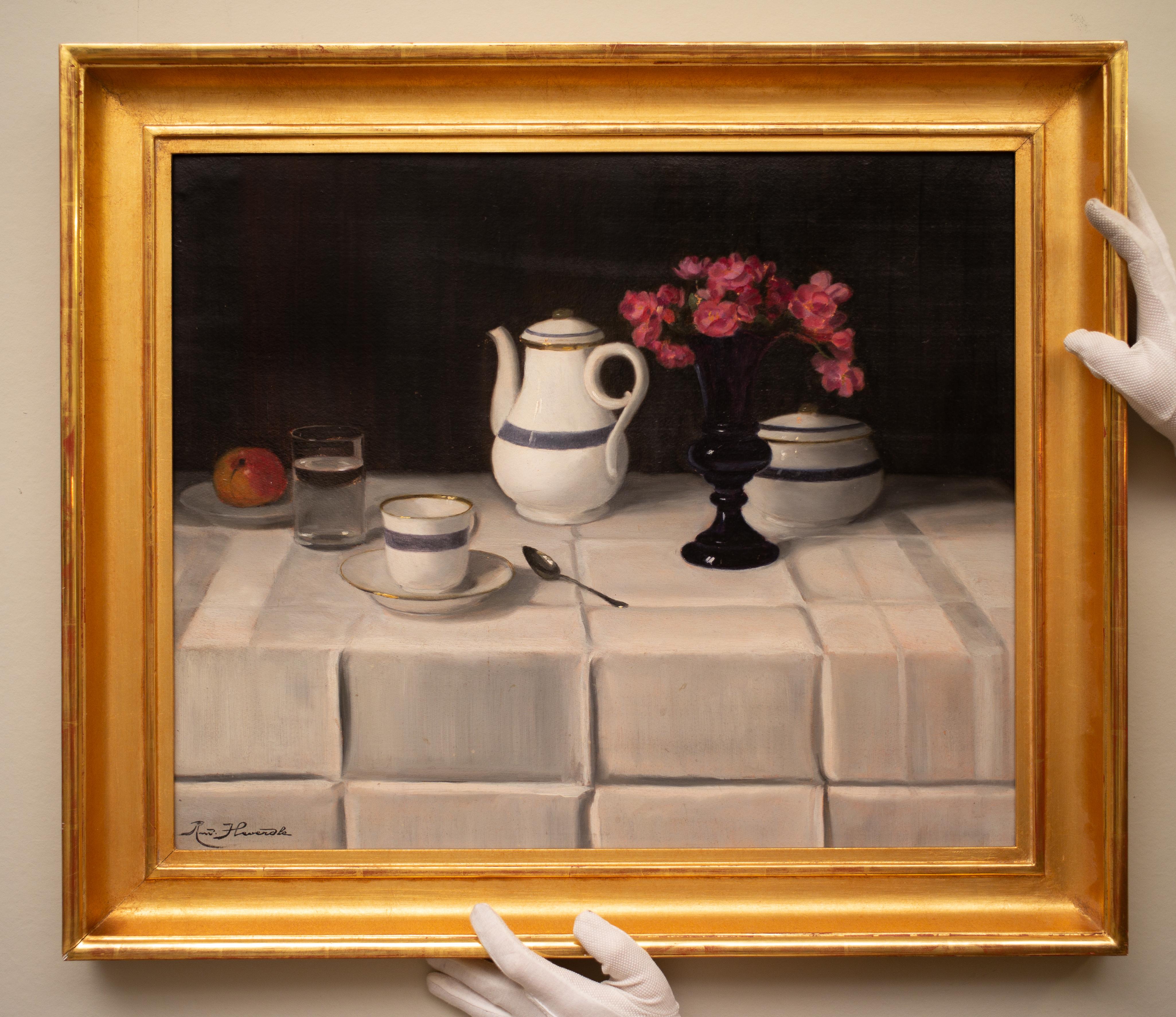 Peinture de nature morte de l'artiste hongrois Rudolf Heverdle, huile sur carton, signée 2