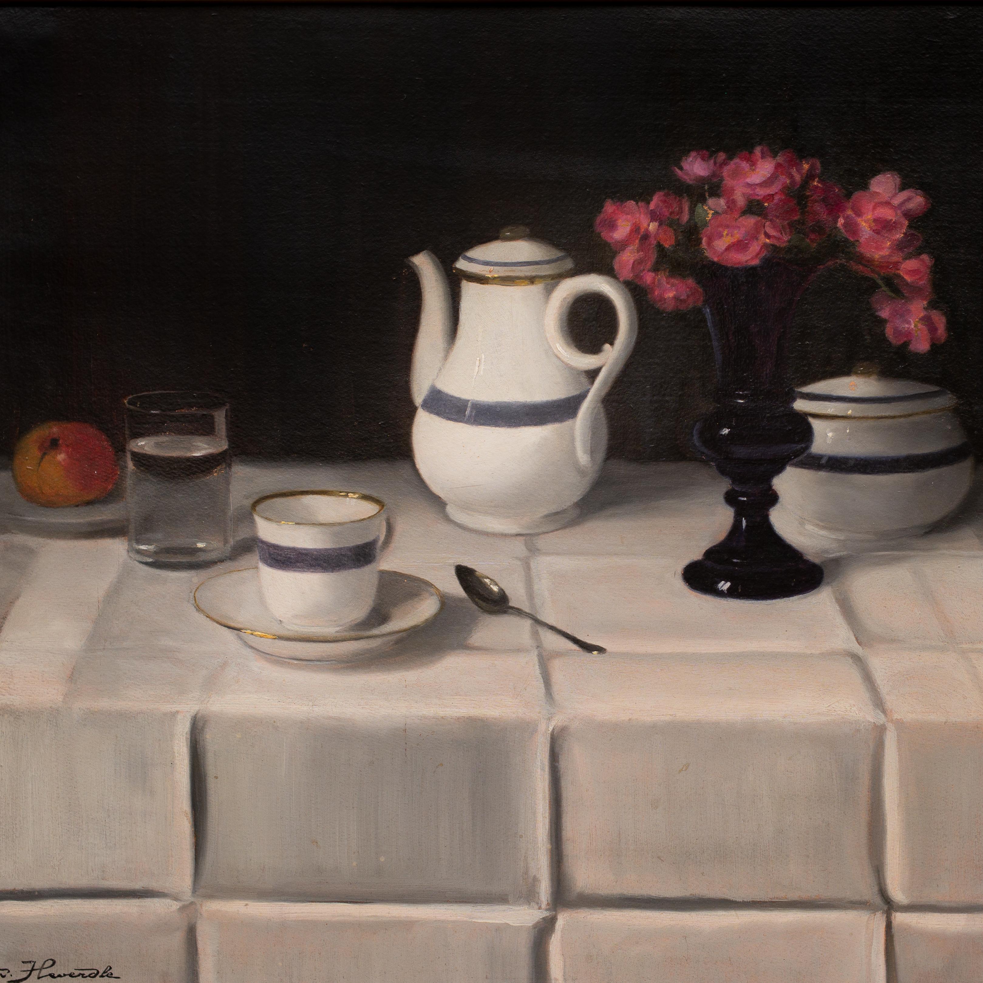 Peinture de nature morte de l'artiste hongrois Rudolf Heverdle, huile sur carton, signée 3