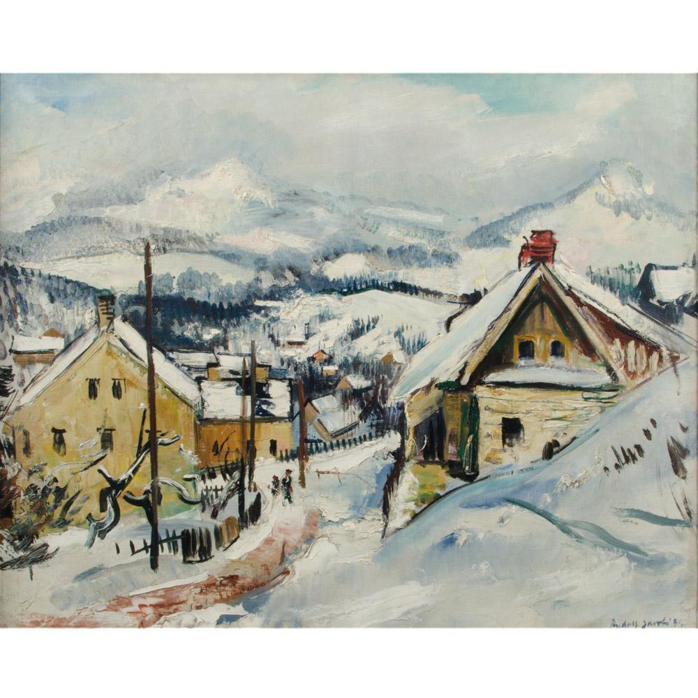Rudolf Jacobi (German, 1889 - 1972) A snow covered village, oil on canvas painting. Signed lower right.
Frame: 38.5