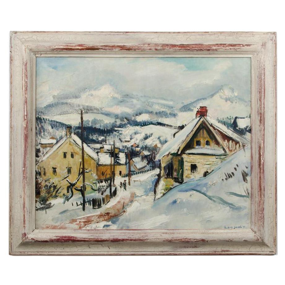 Rudolf Jacobi (Deutsch, 1889 - 1972) Ein verschneites Dorf, Öl auf Leinwand. im Angebot