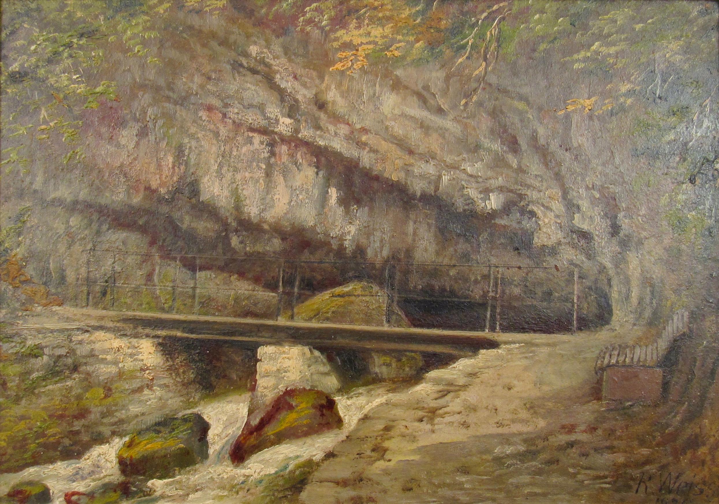 Rudolf Johann Weiss ( 1846 - 1933 ) Twannbachhöhle Ölgemälde Schweiz 1926 im Angebot 1