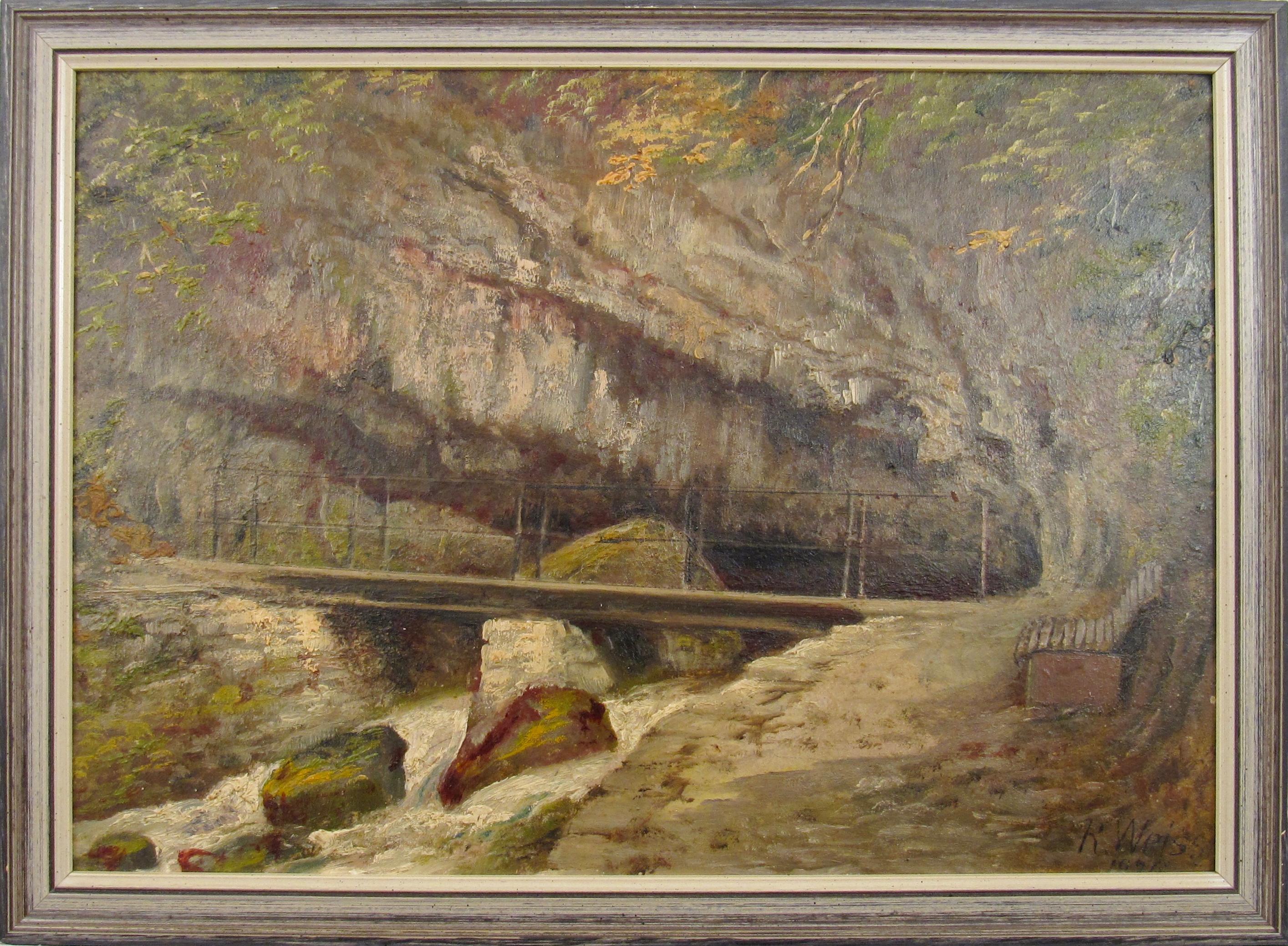 Rudolf Johann Weiss ( 1846 - 1933 ) Grotte de Twannbach Peinture à l'huile Suisse 1926