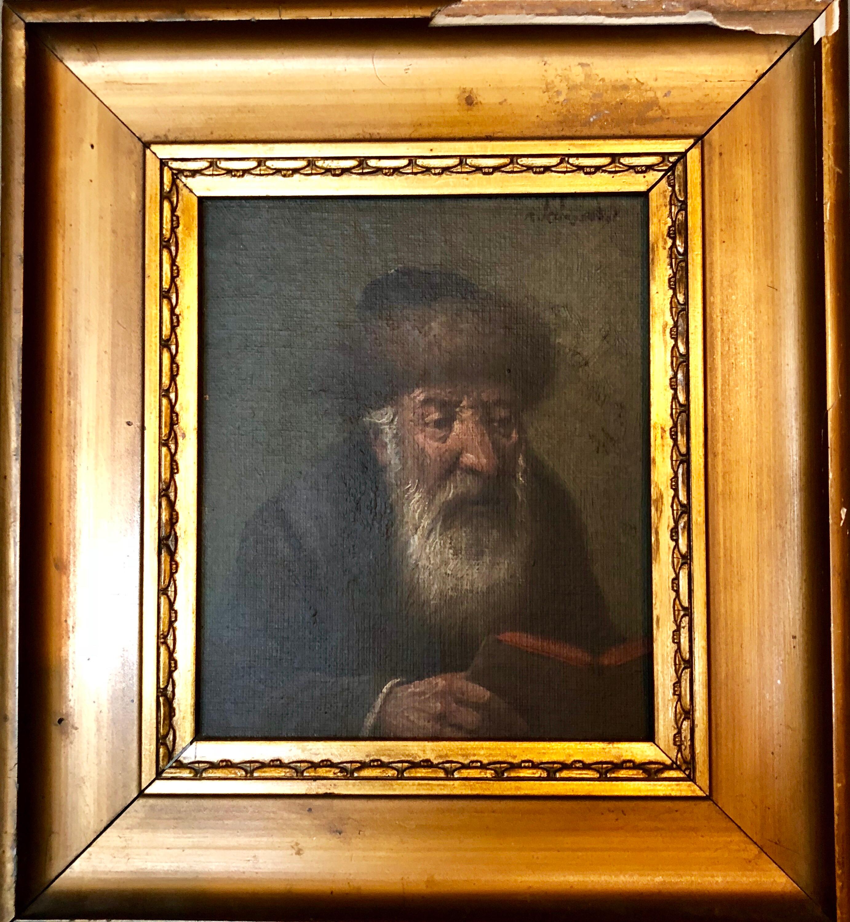 Peinture à l'huile judaïque autrichienne d'avant la Seconde Guerre mondiale, portrait de lapin hasidic en vente 1