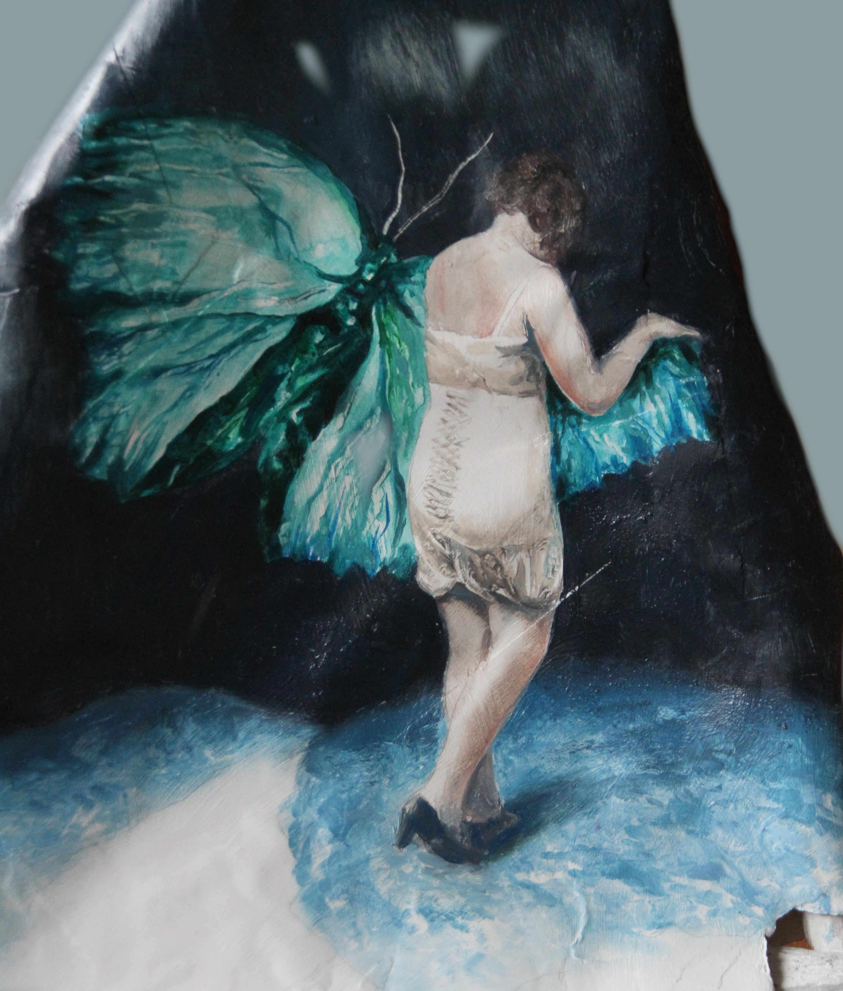 Hermits is a tridimensional original painting on paper on branches depicting a woman next to a giant butterfly along a path in a dark night.

keywords; butterfly, woman, lingerie, americana, surrealism, vintage, oil painting, figurative painting,