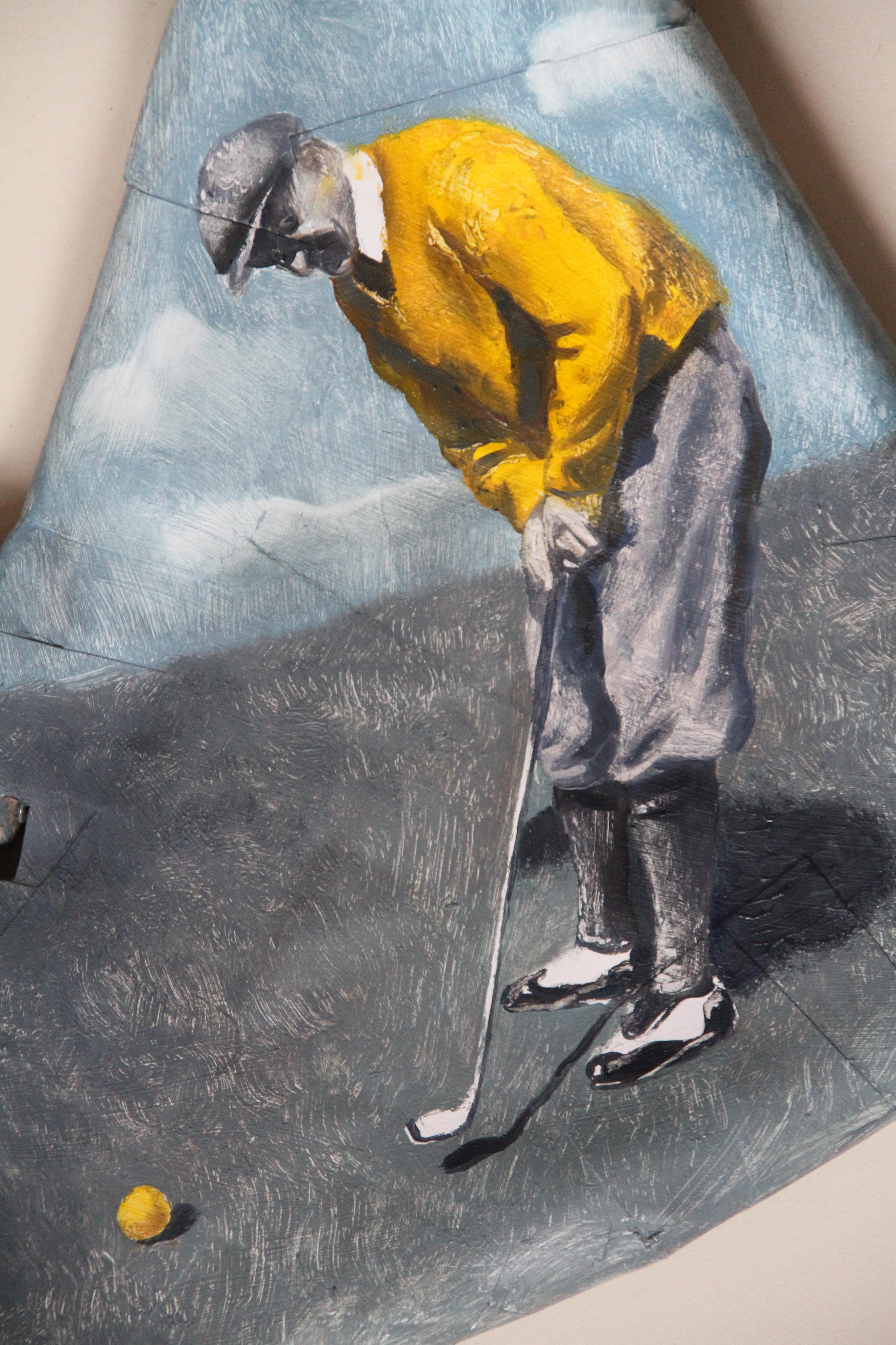 One more (vintage golfer yellow shirt wood painting sculpture tridimensional) - Painting by Rudolf Kosow
