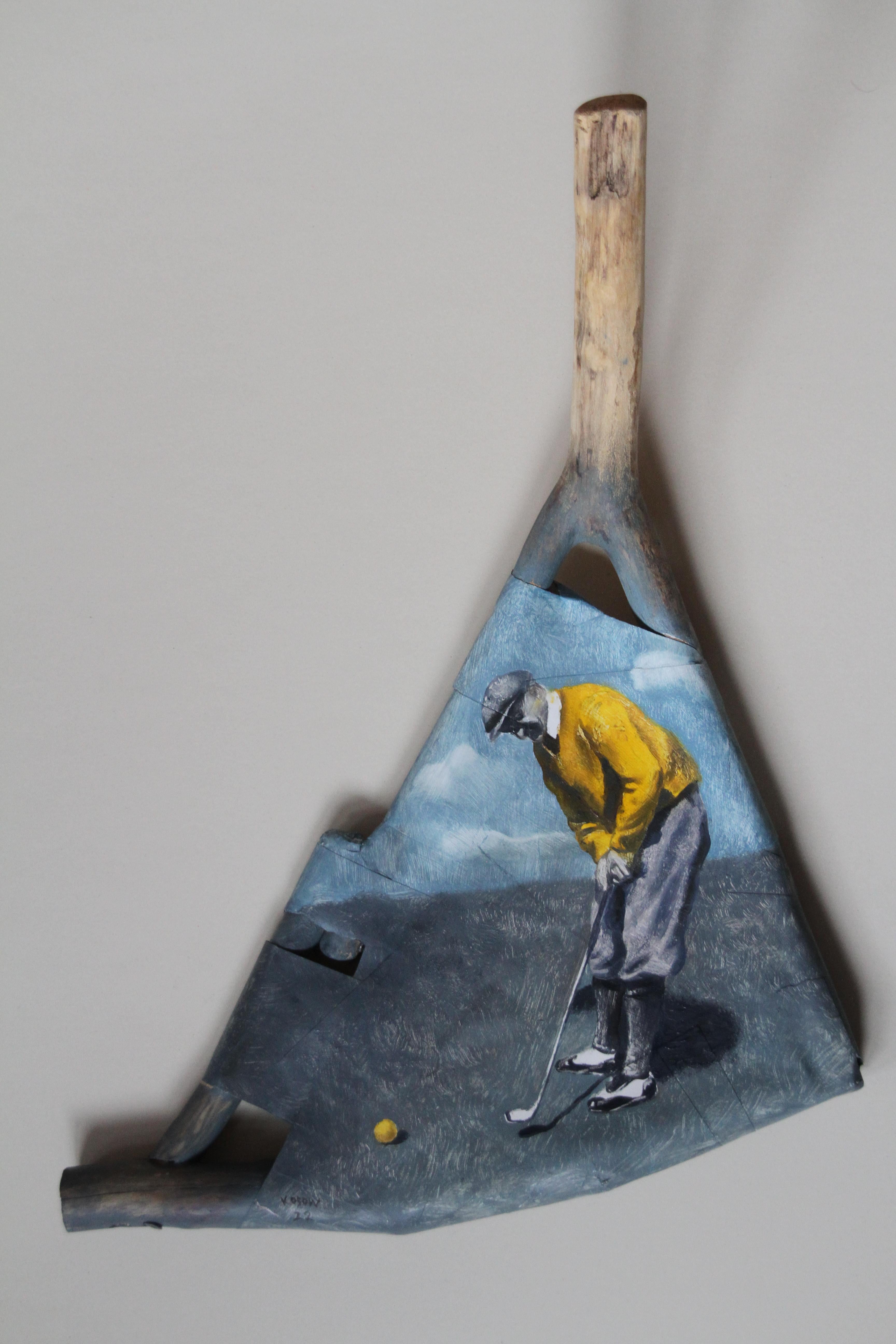Rudolf Kosow Figurative Painting - One more (vintage golfer yellow shirt wood painting sculpture tridimensional)