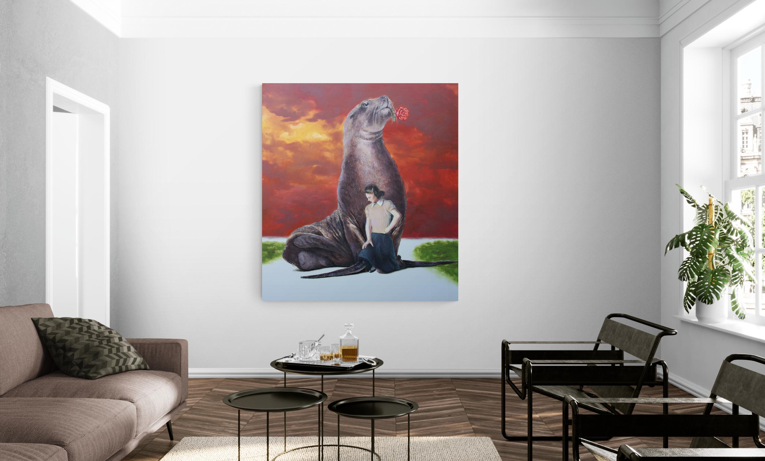 Admirateur (peinture à l'huile surréaliste lion de mer rouge ciel dame animal rose) - Painting de Rudolf Kosow