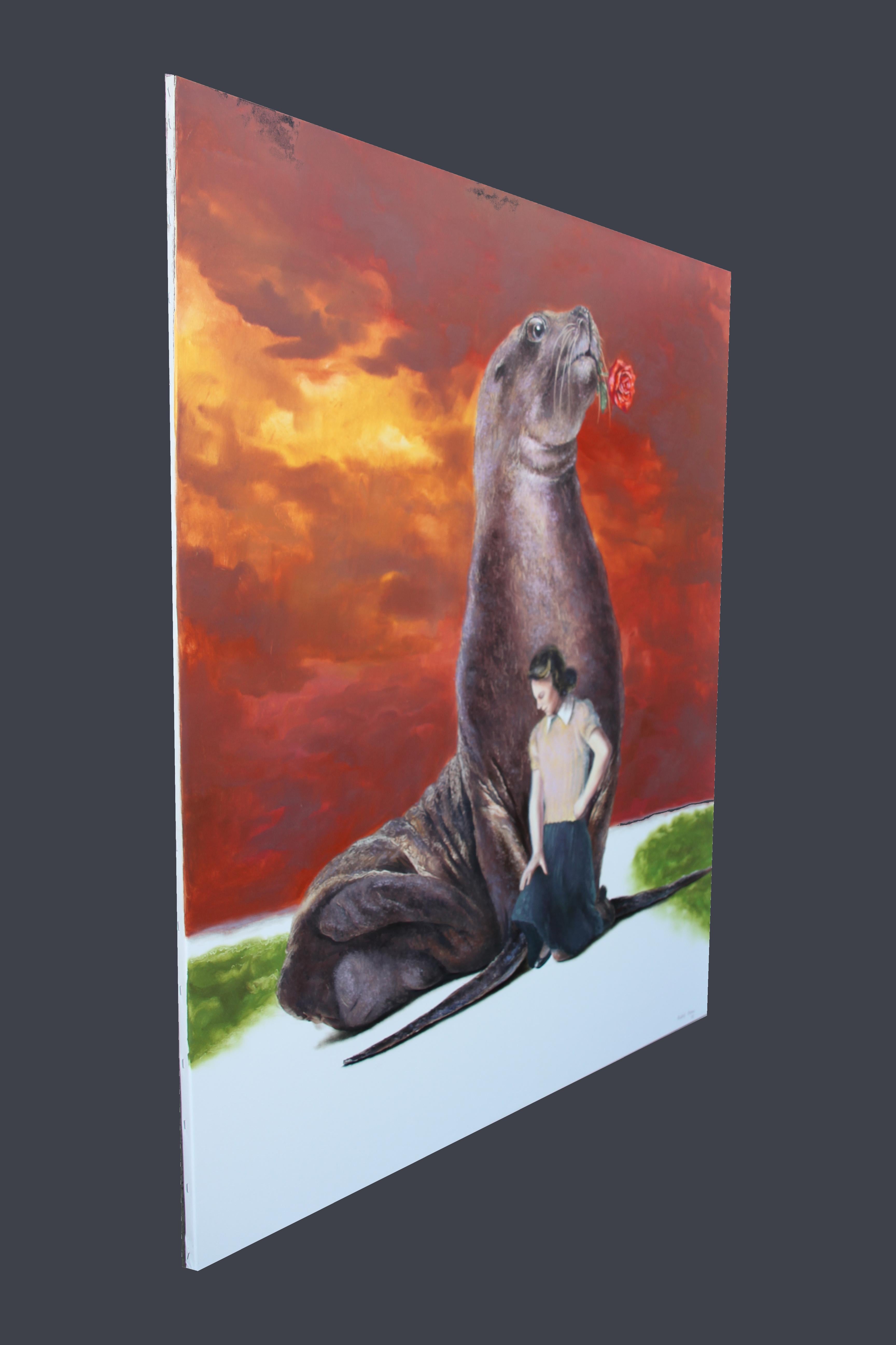 Dans Admirer, Kosow construit une scène de tendresse surréaliste et d'étrangeté tranquille, fusionnant la nostalgie influencée par l'Amérique avec une composition onirique et symbolique. Au premier plan, un lion de mer massif, rendu avec des d�étails