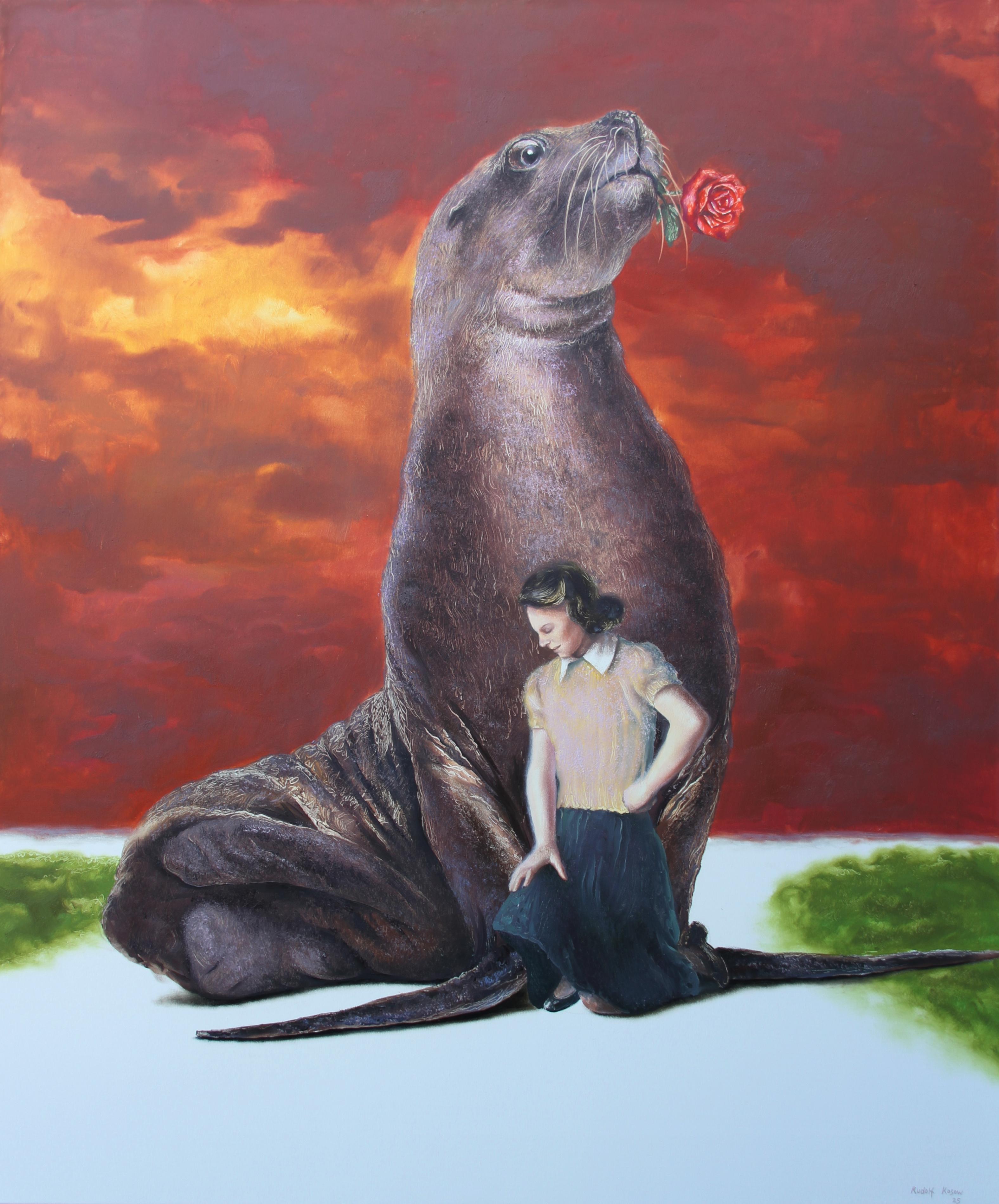 Figurative Painting Rudolf Kosow - Admirateur (peinture à l'huile surréaliste lion de mer rouge ciel dame animal rose)