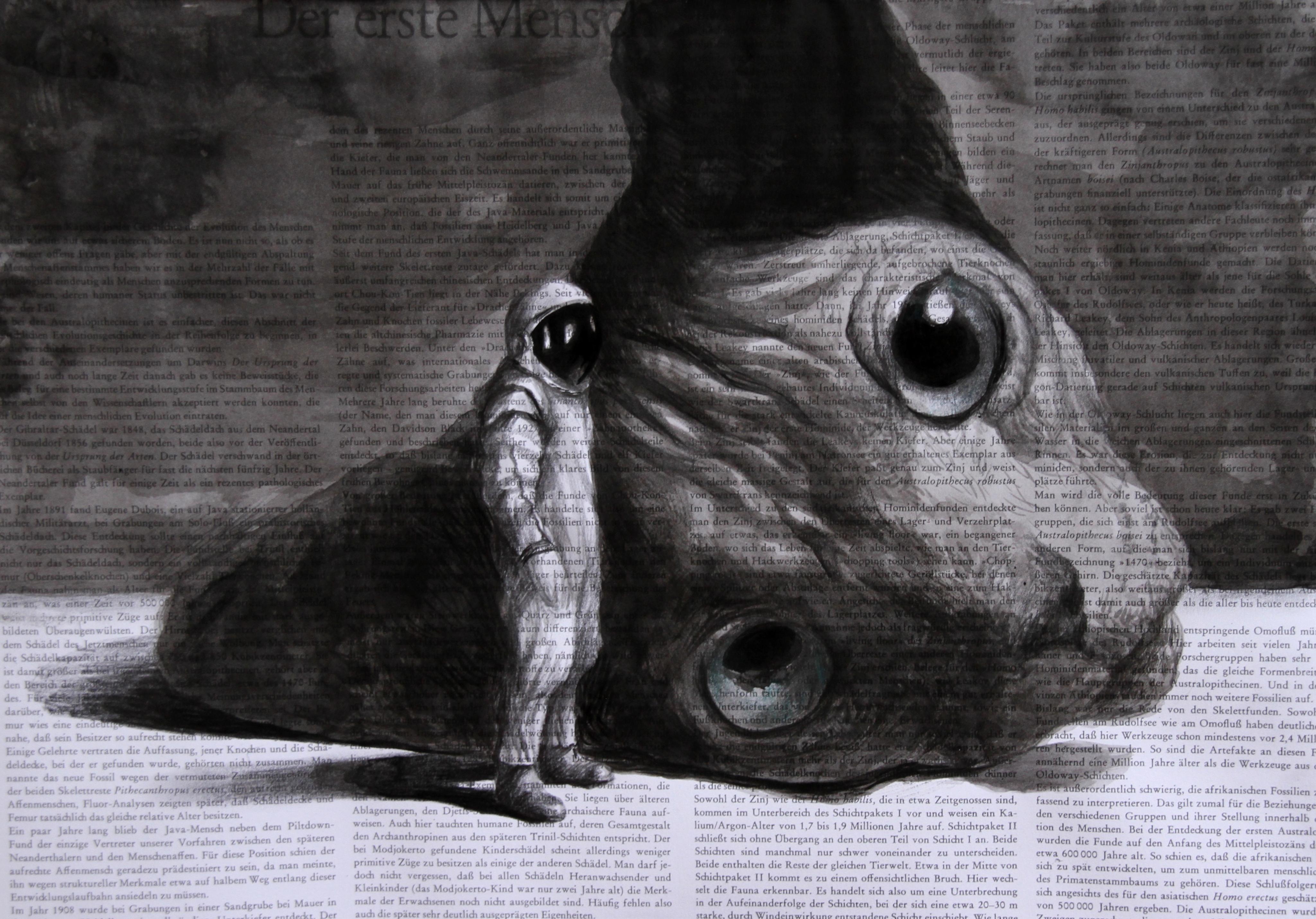 Rudolf Kosow Figurative Painting - Alien (sphinx cat astronaut grey monochrome article surrealist drawing paper)