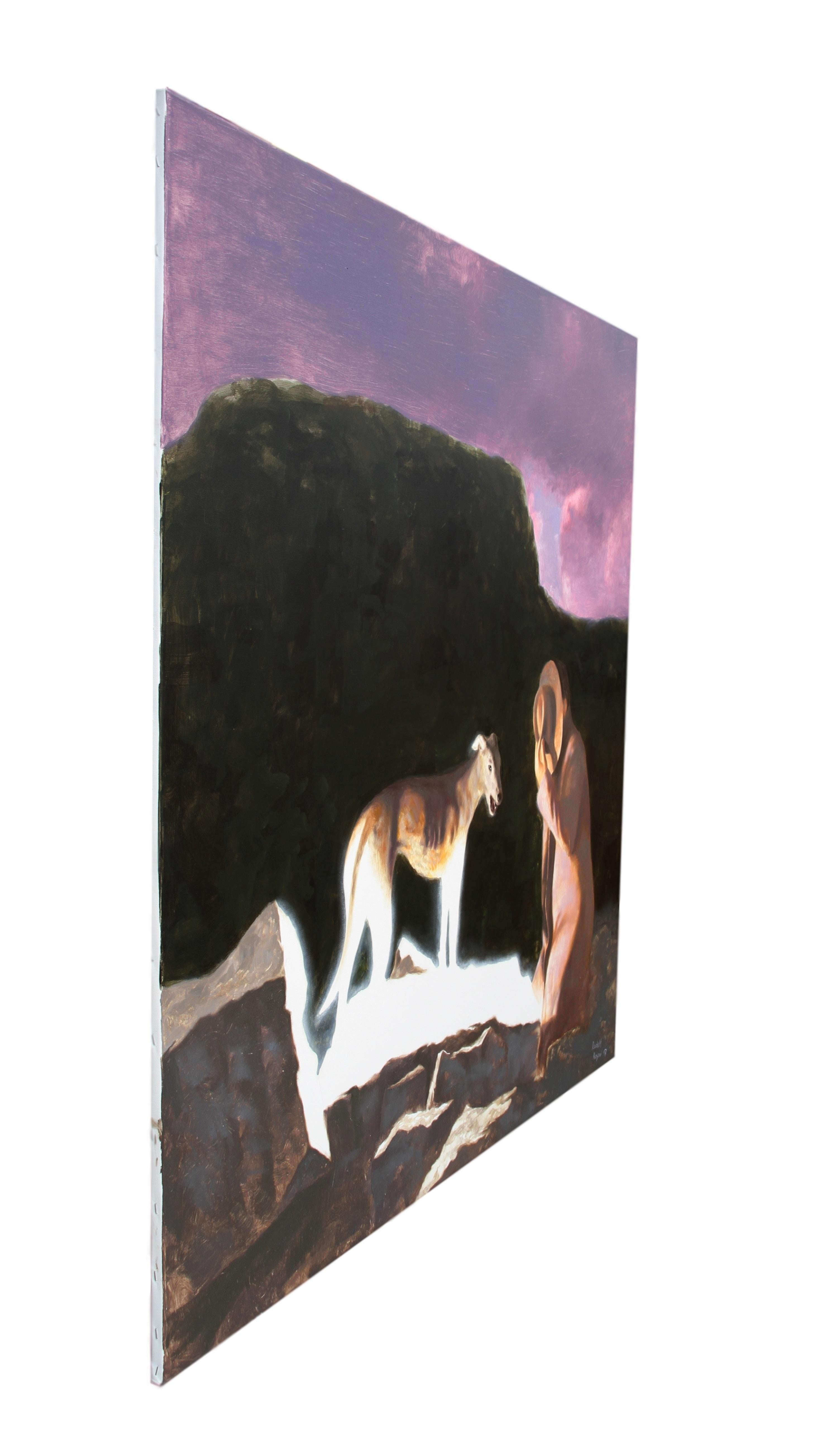 Arrived (purple haze dog man oil painting vintage magic realism nature scenery) - Surrealist Painting by Rudolf Kosow