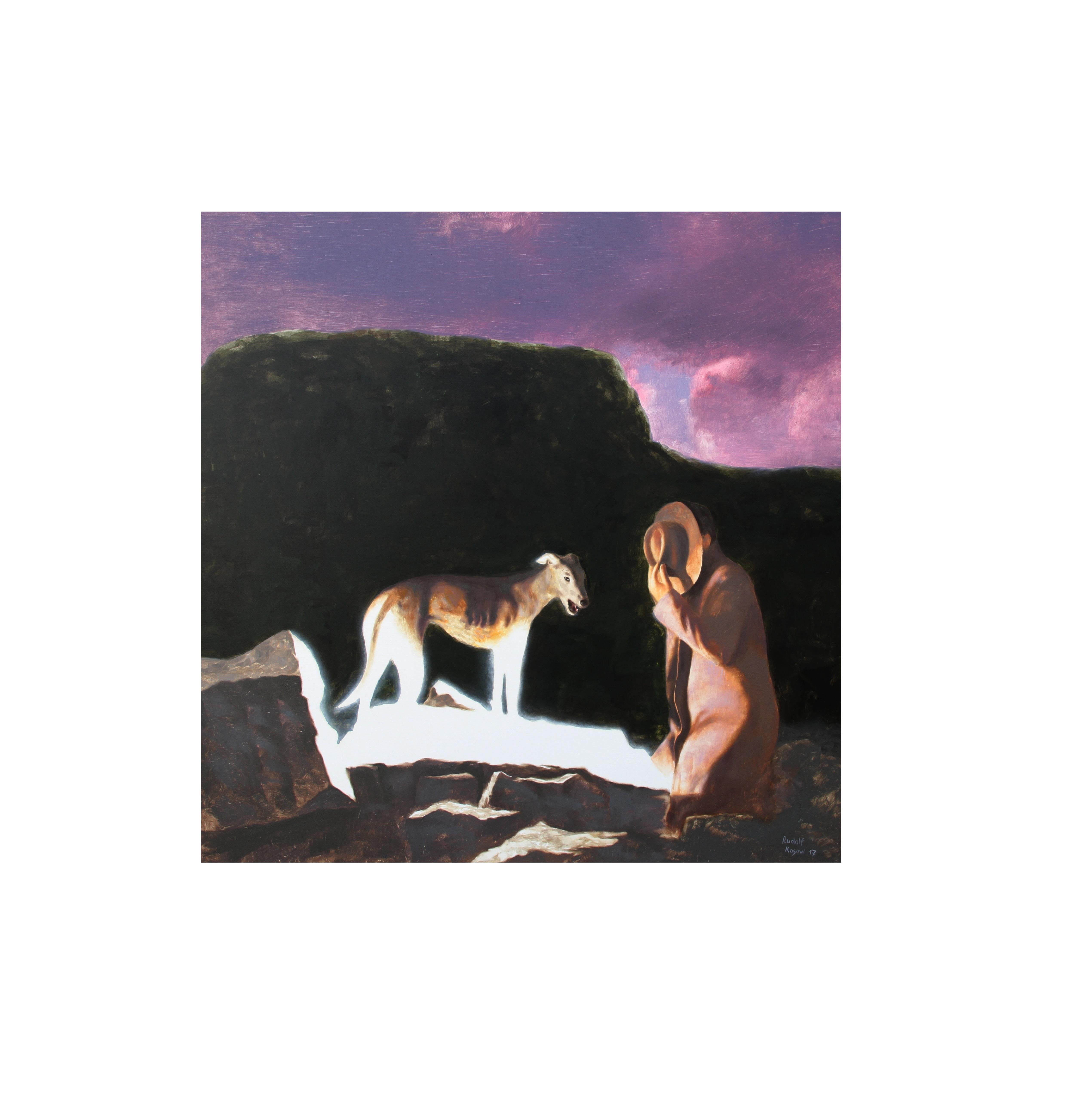 Rudolf Kosow Animal Painting - Arrived (purple haze dog man oil painting vintage magic realism nature scenery)