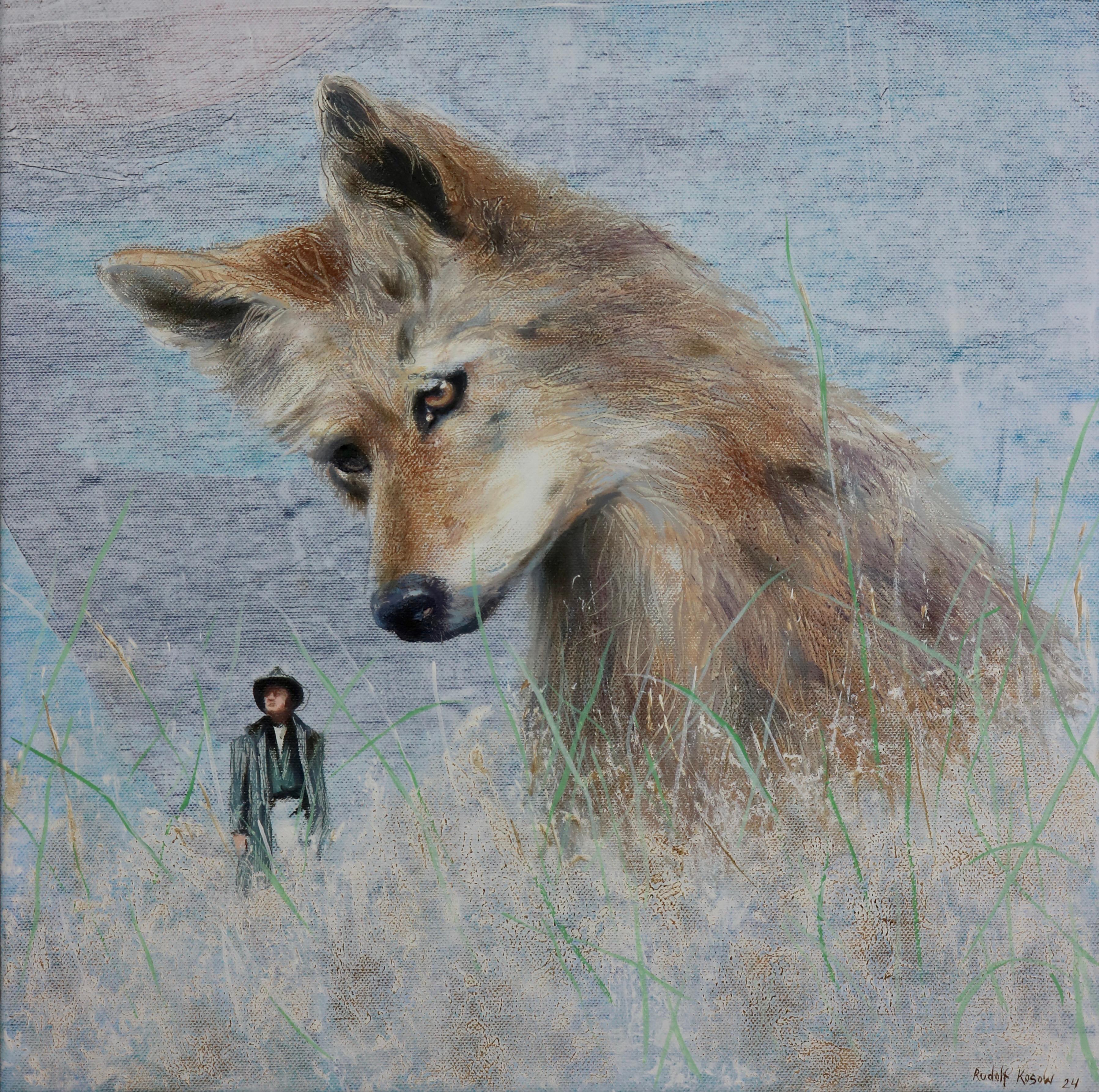 Figurative Painting Rudolf Kosow - Baddie (coyote, homme, animal sauvage, americana, peinture surréaliste, nature, champ)