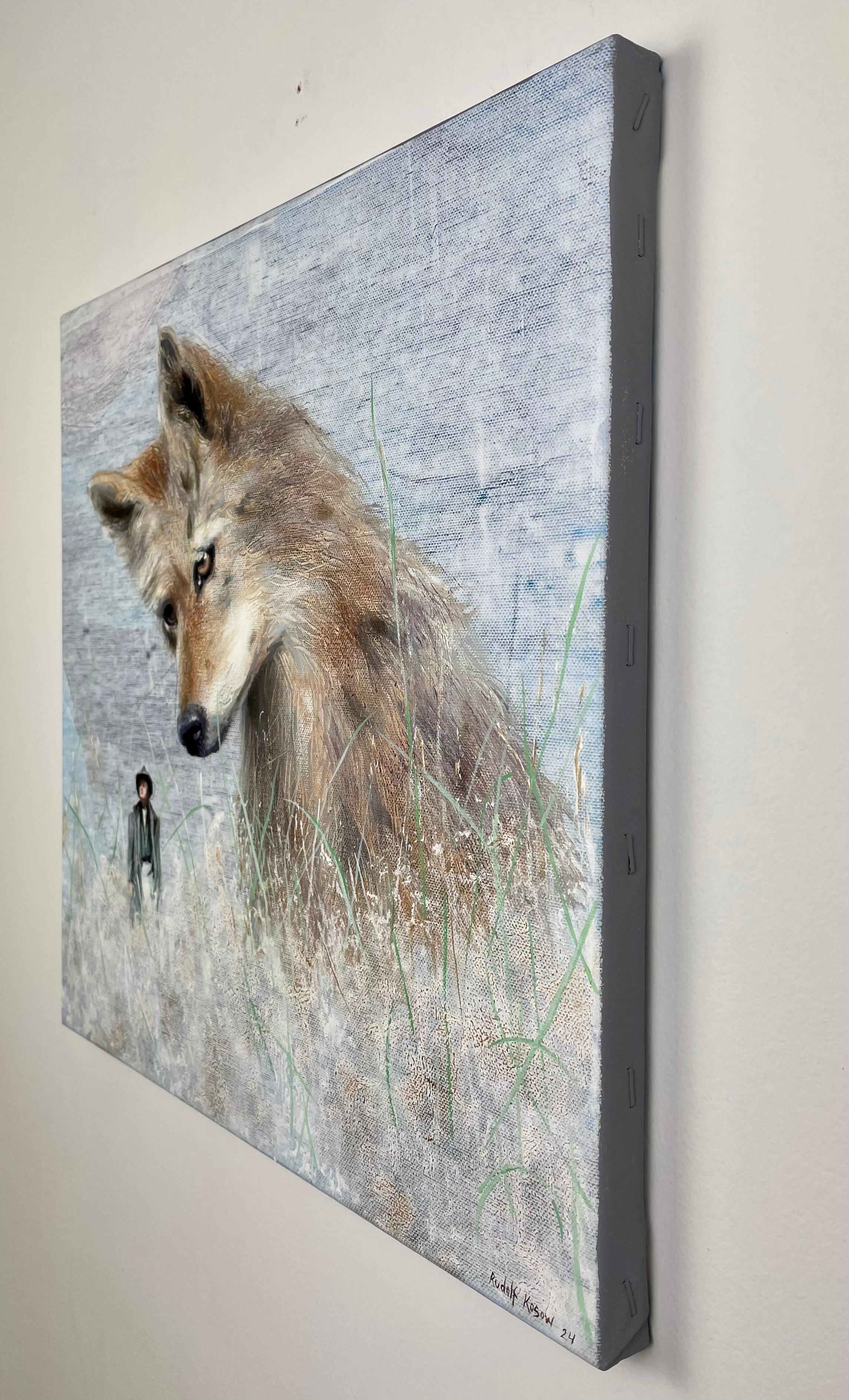 Baddie (coyote, man, wild animal, americana, surrealist painting, nature, field) - Surrealist Painting by Rudolf Kosow