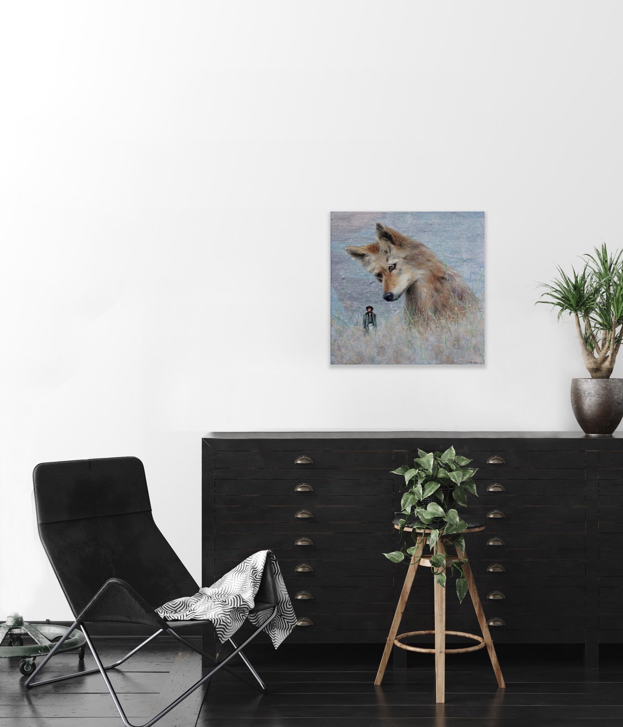 Baddie (coyote, man, wild animal, americana, surrealist painting, nature, field) For Sale 1