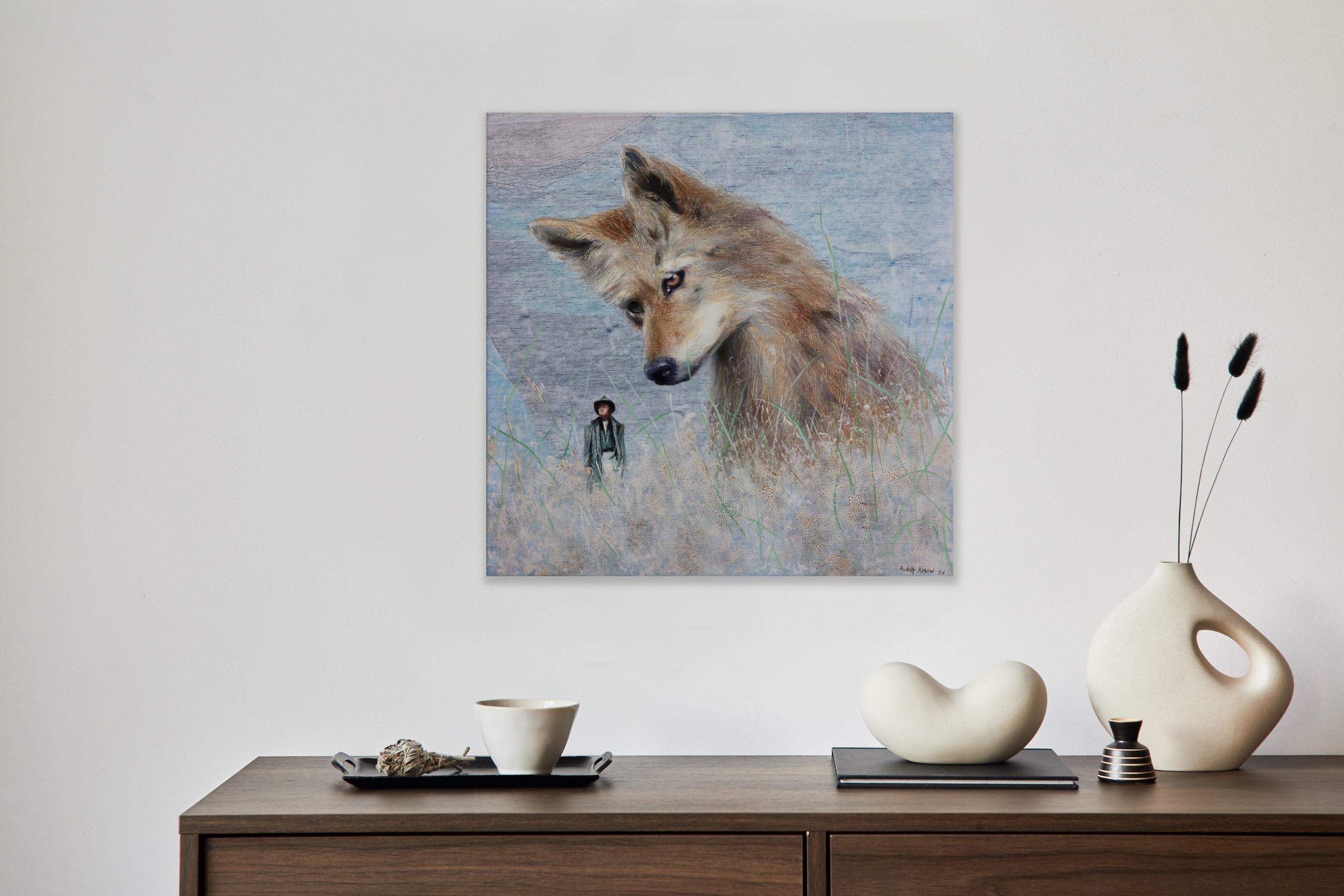 Baddie (coyote, homme, animal sauvage, americana, peinture surréaliste, nature, champ) en vente 2