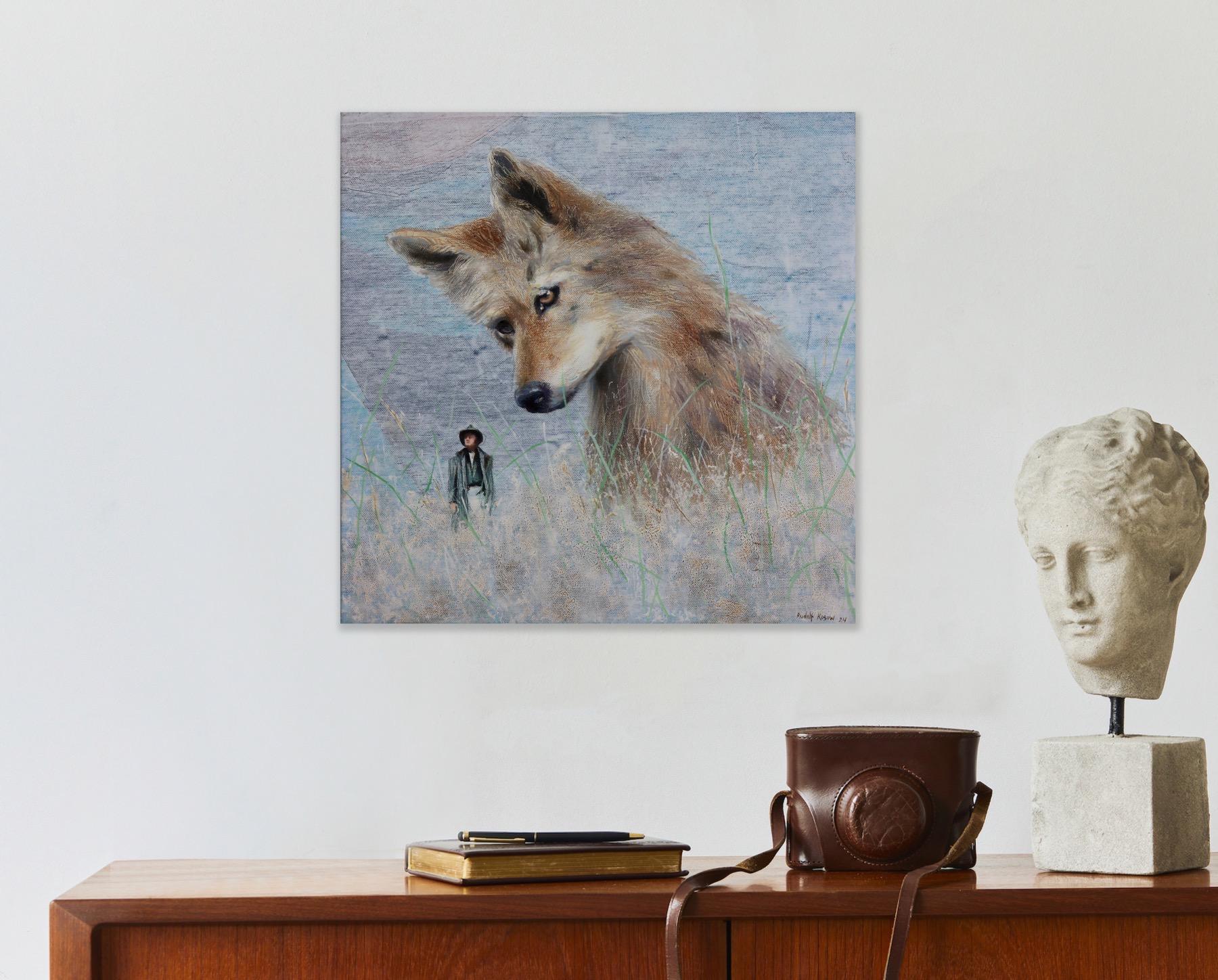 Baddie (coyote, homme, animal sauvage, americana, peinture surréaliste, nature, champ) en vente 4