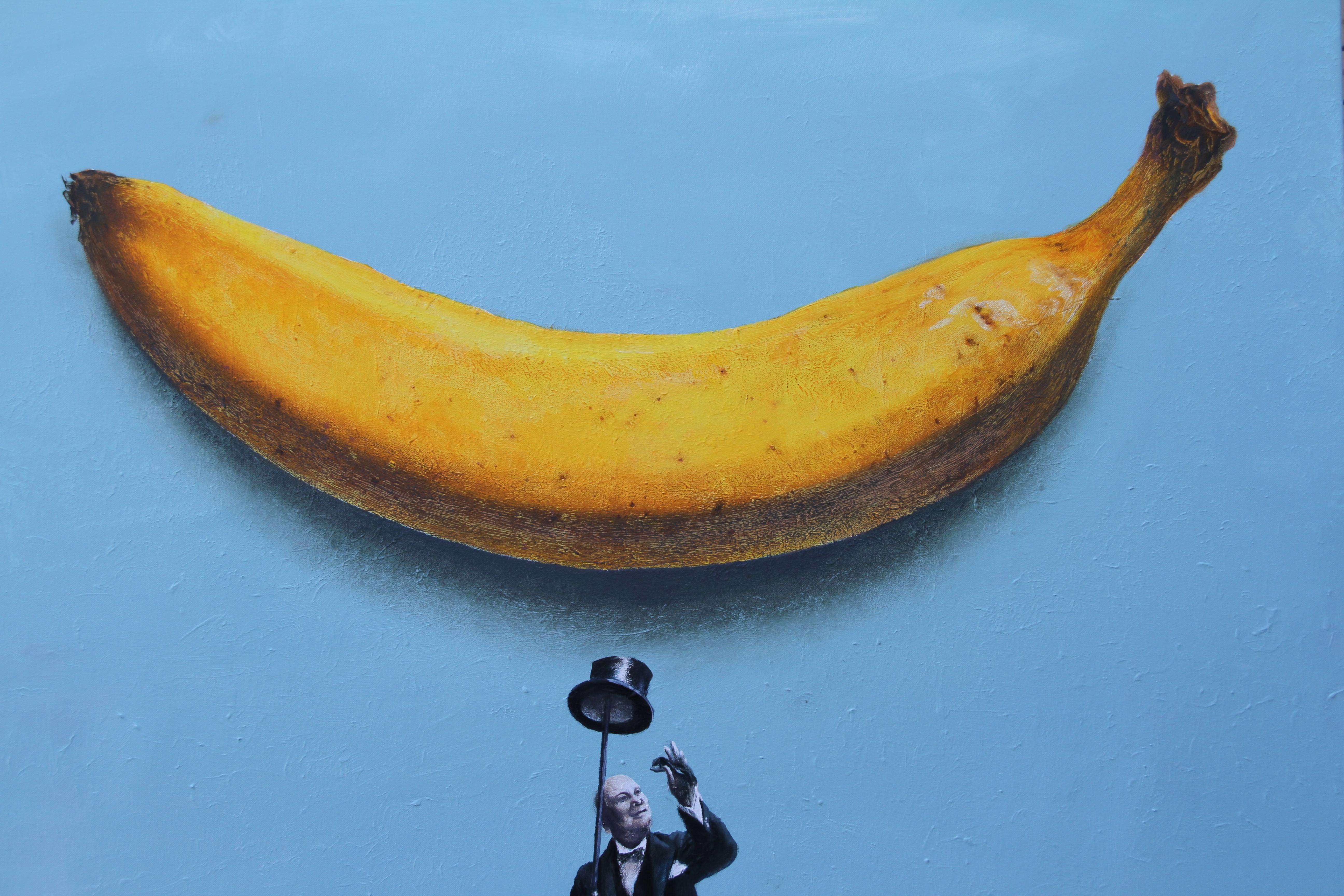 Banana (yellow banana blue sky vintage hat man surrealist oil painting grey) - Painting by Rudolf Kosow