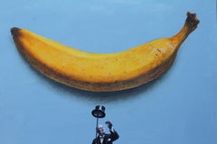 Banana (yellow banana blue sky vintage hat man surrealist oil painting grey)