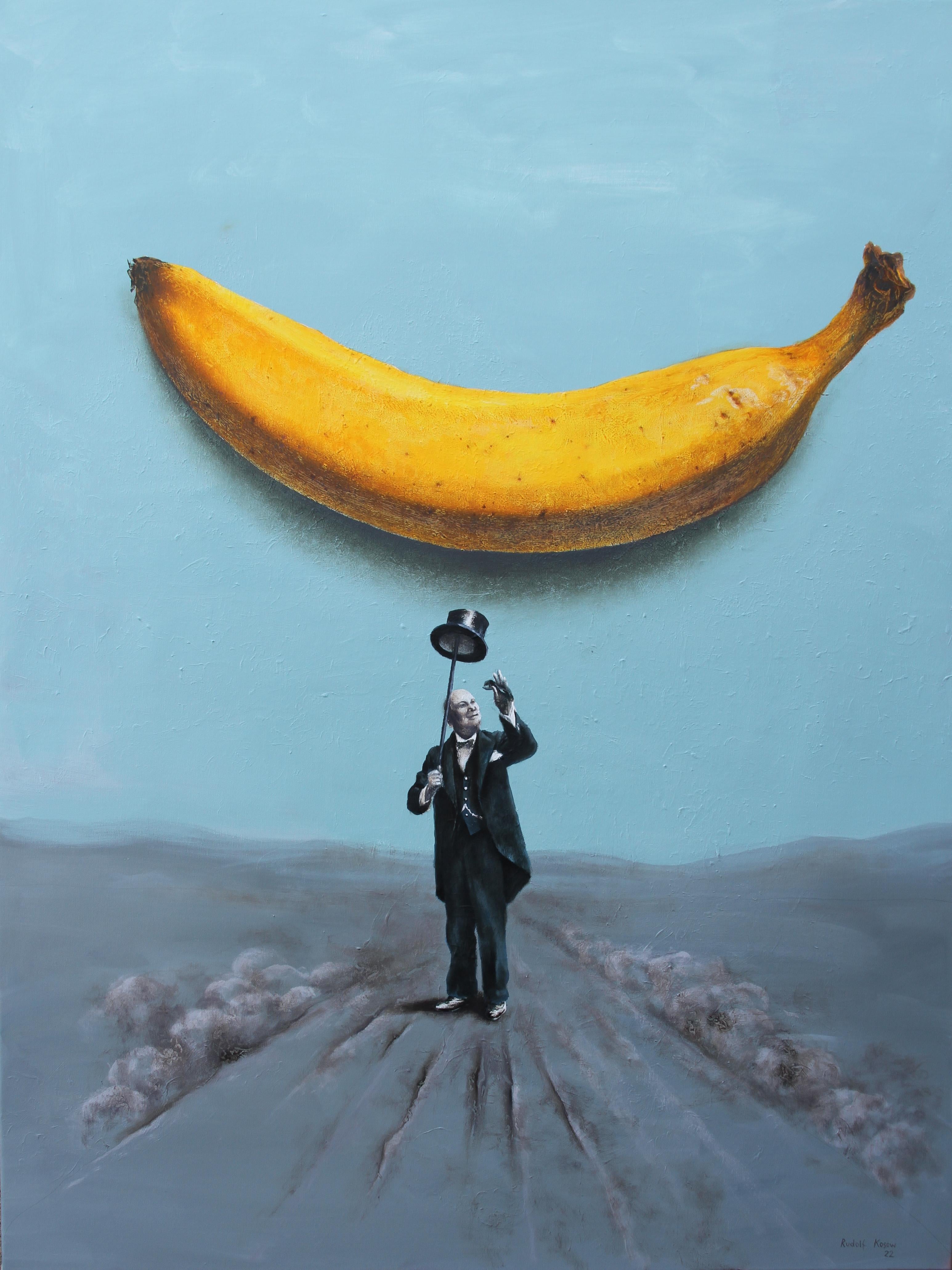 Rudolf Kosow Figurative Painting - Banana (yellow banana blue sky vintage hat man surrealist oil painting grey)