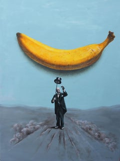 Banana (yellow banana blue sky vintage hat man surrealist oil painting grey)