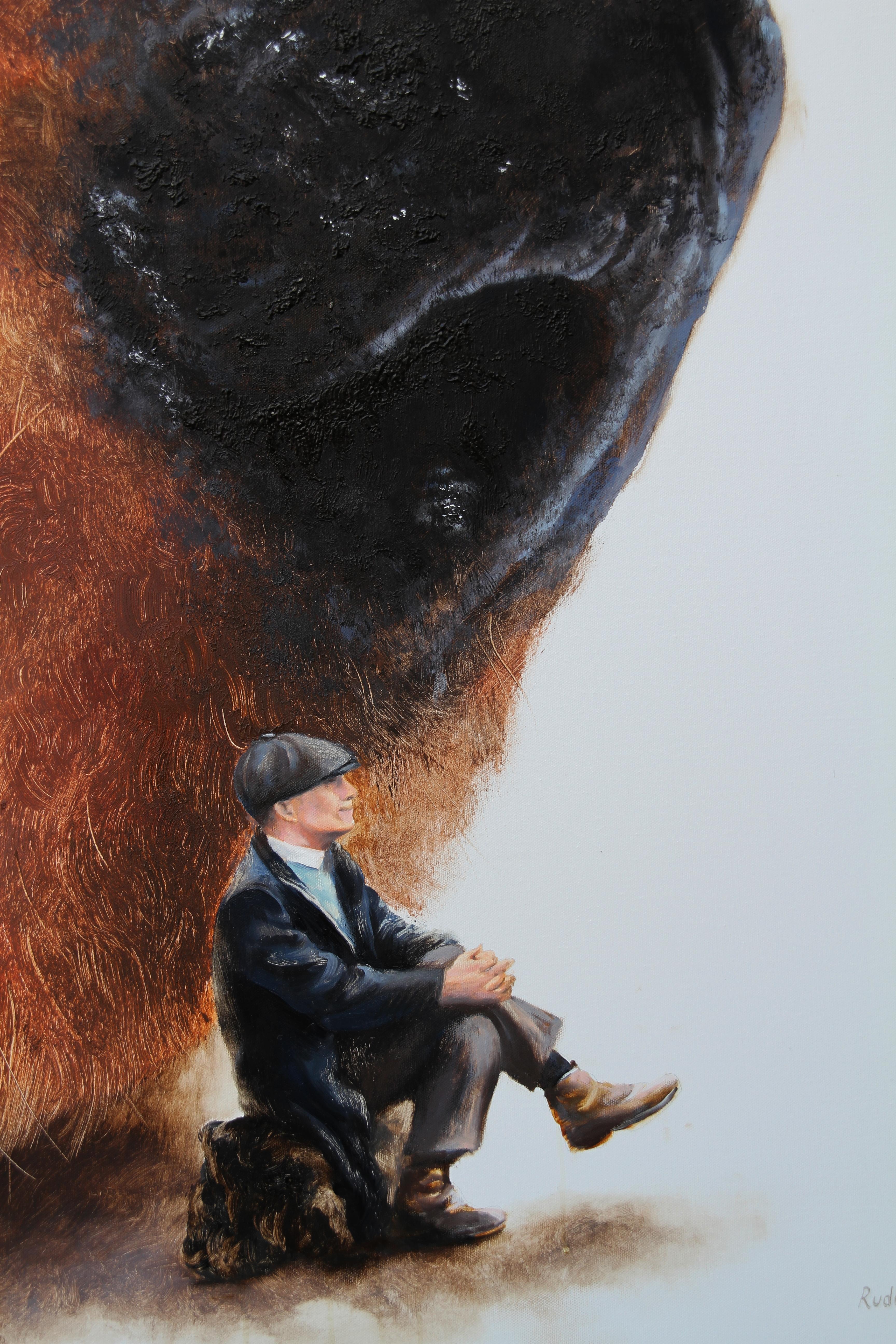 Mejores Amigos II (perro el mejor amigo del hombre pintura vintage figurativa tonos tierra) - Animal Painting Marrón de Rudolf Kosow