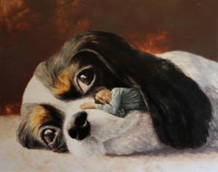 Best Friends I  (spaniel puppy dog ear surreal scale animal boy farm earth tones