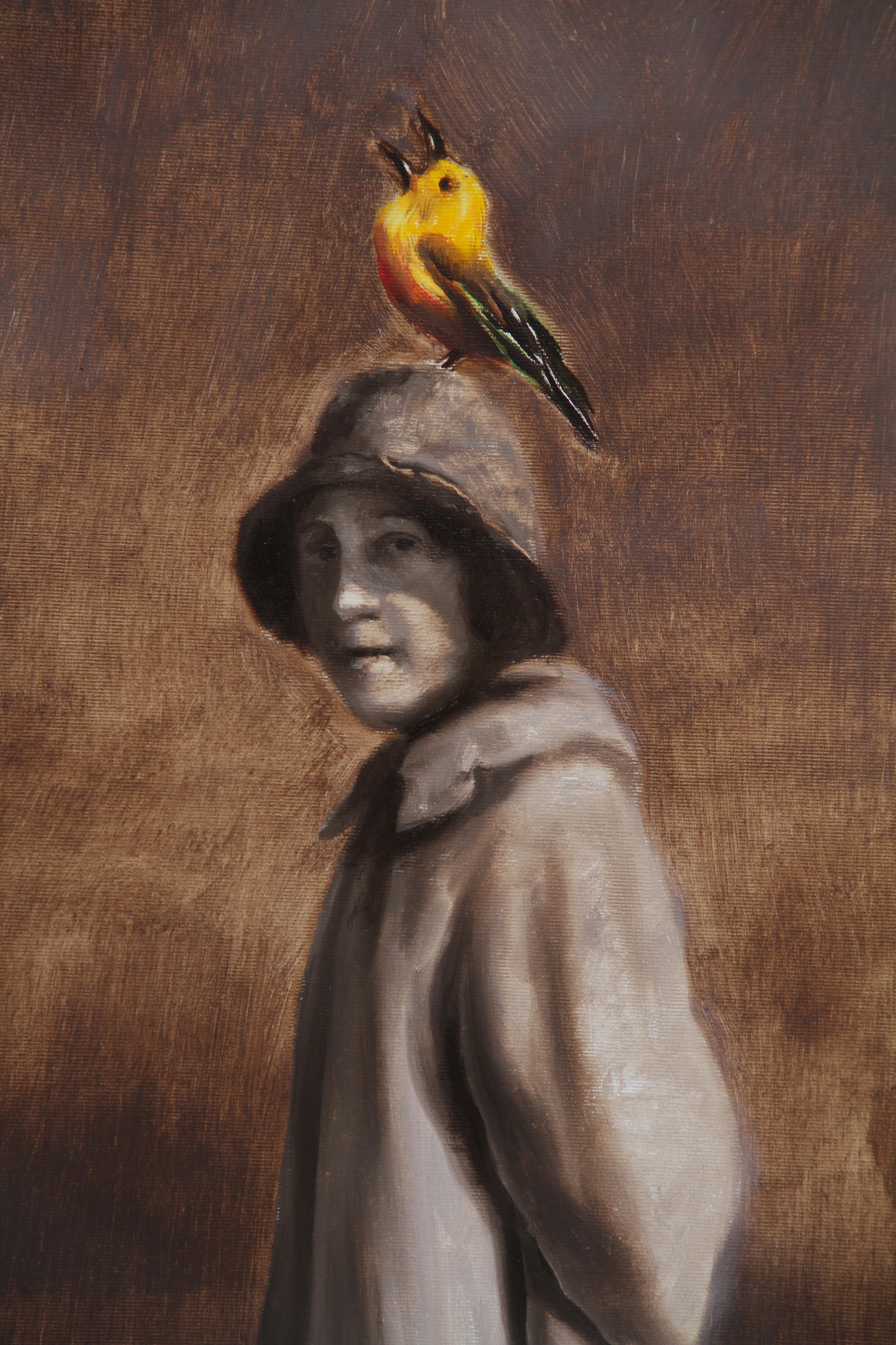 Best Friends (yellowbird lady brown vintage chestnut brown earth tones nostalgia - Painting by Rudolf Kosow