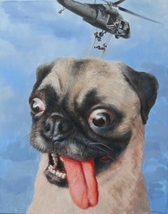 Bobby' Nightmare (pug dog face helicopter vintage surreal oil painting)