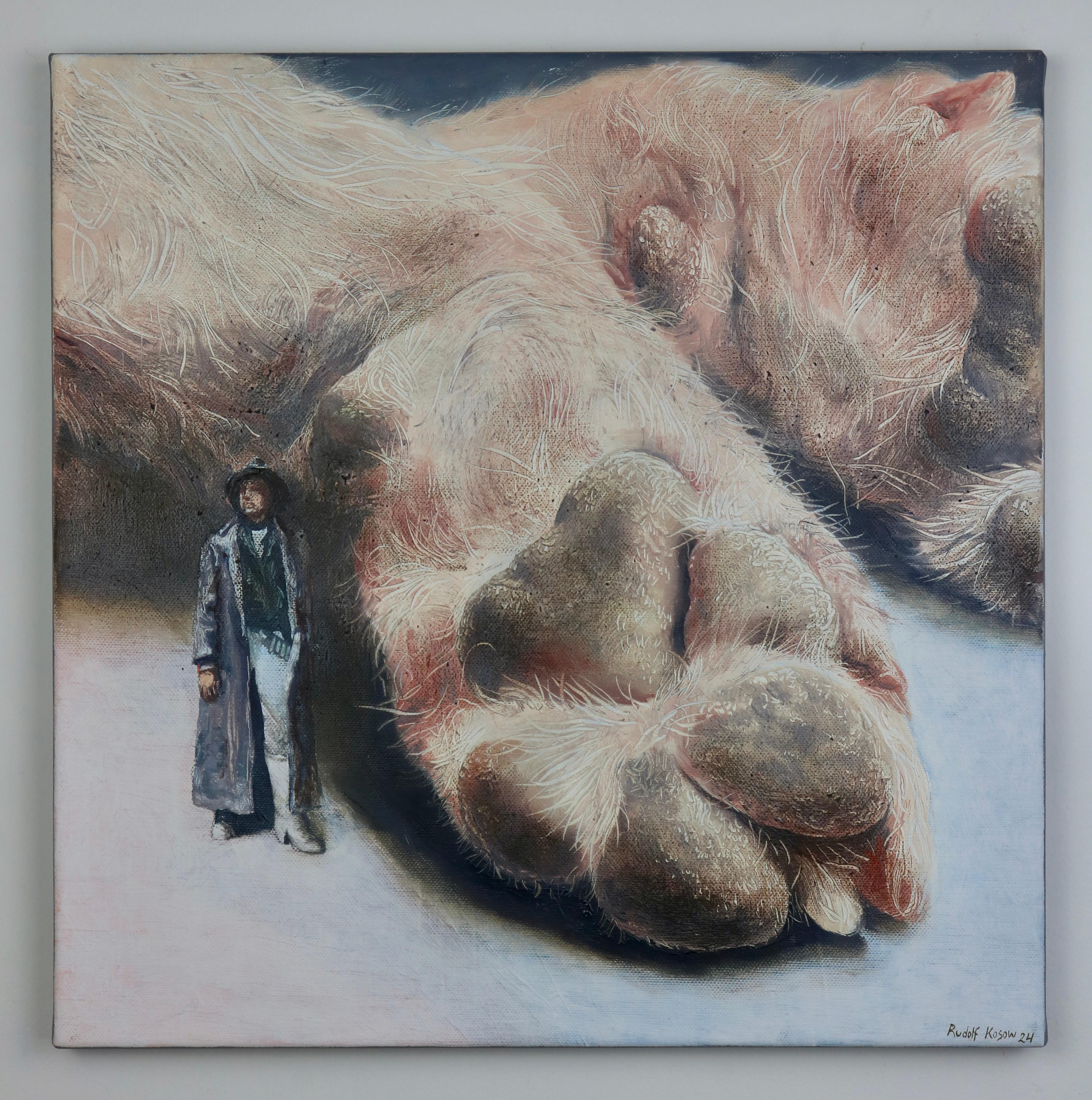 In this evocative piece by Rudolf Kosow, we are confronted with the signature elements of surrealism that define his work. The canvas is dominated by the vastness of a feline's paw, each hair and pad depicted with an intense realism that feels