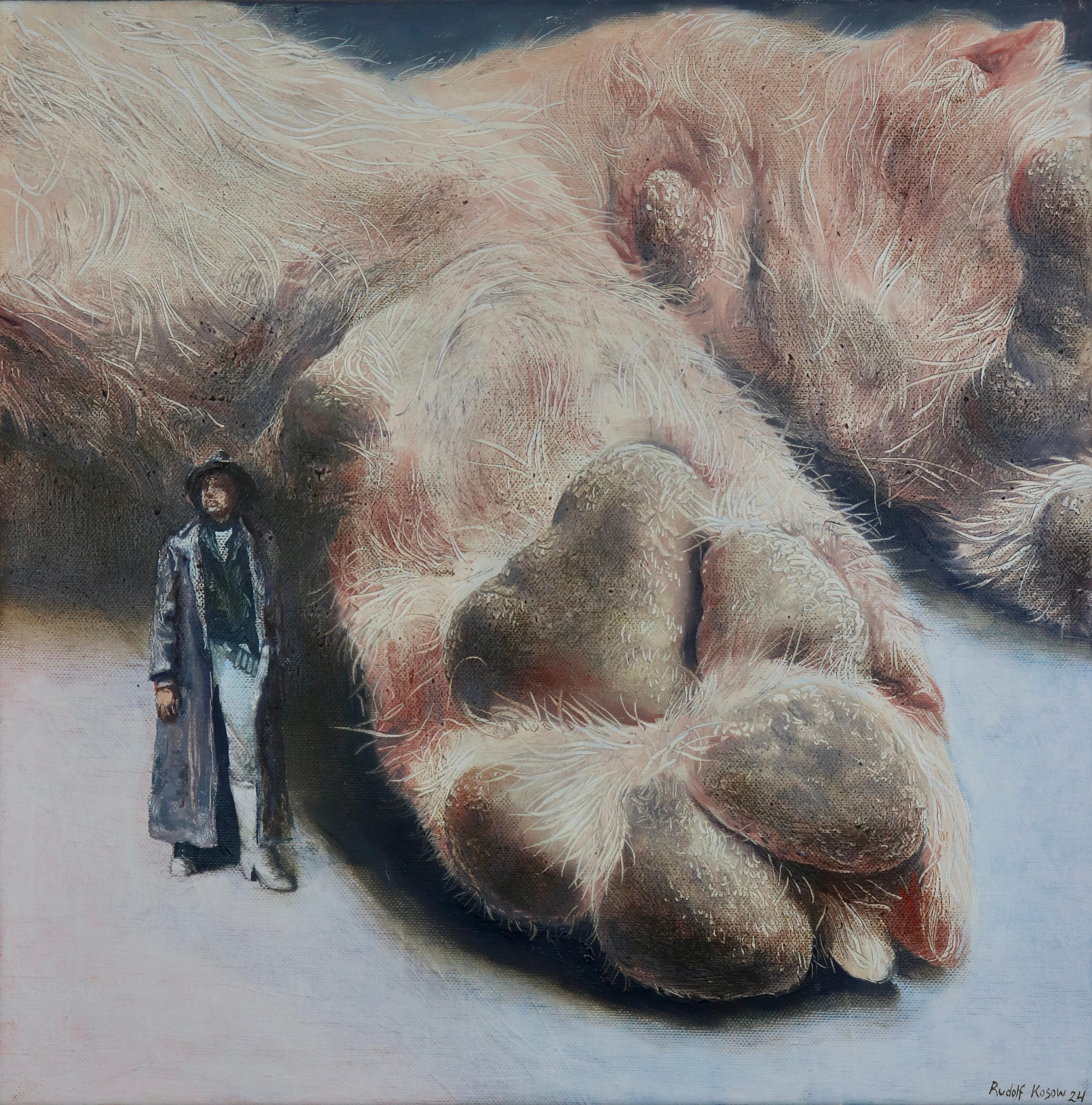 Rudolf Kosow Animal Painting – Boss ( Pfau, Felin, Cousins, Wildkatze, Mann, Tier, USA, Surrealistische Malerei