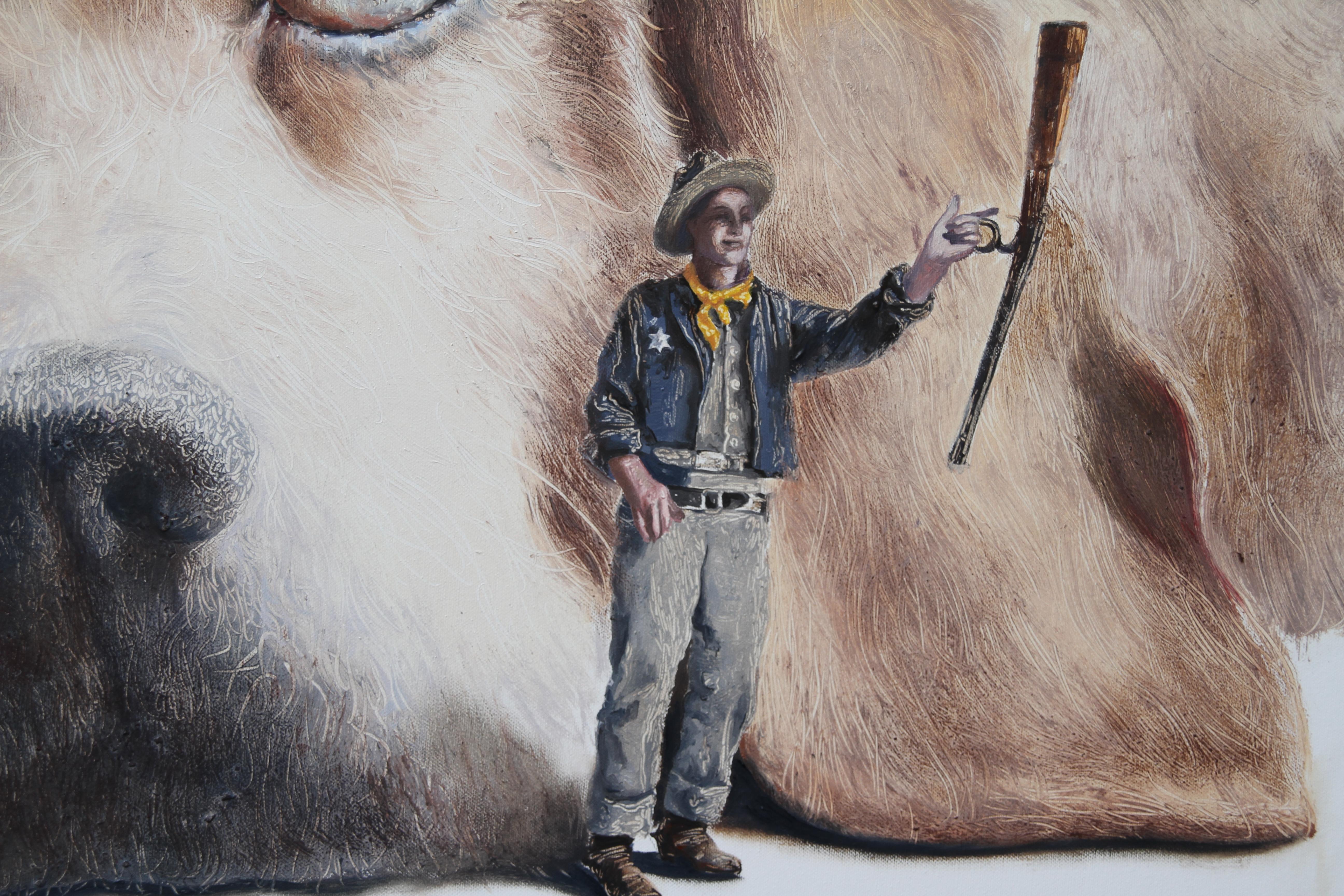 Braggart (beagle dog face cowboy shotgun americana vintage surreal oil painting) - Gray Figurative Painting by Rudolf Kosow
