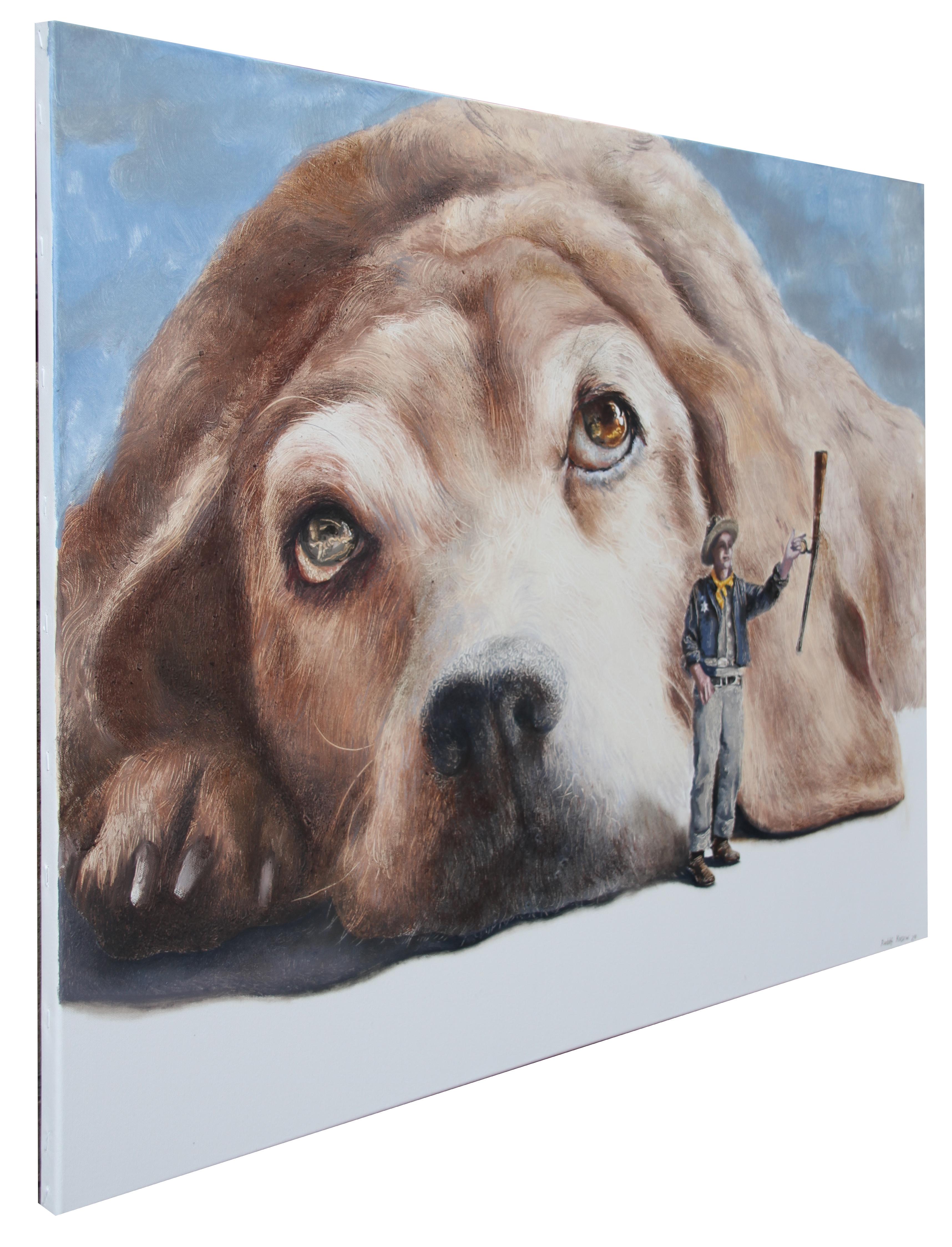 Rudolf Kosow's Braggart depicts a striking contrast between a colossal, melancholic dog and a diminutive cowboy figure. The dog's immense, expressive face dominates the canvas, its weary eyes filled with a deep, quiet sorrow. In stark juxtaposition,