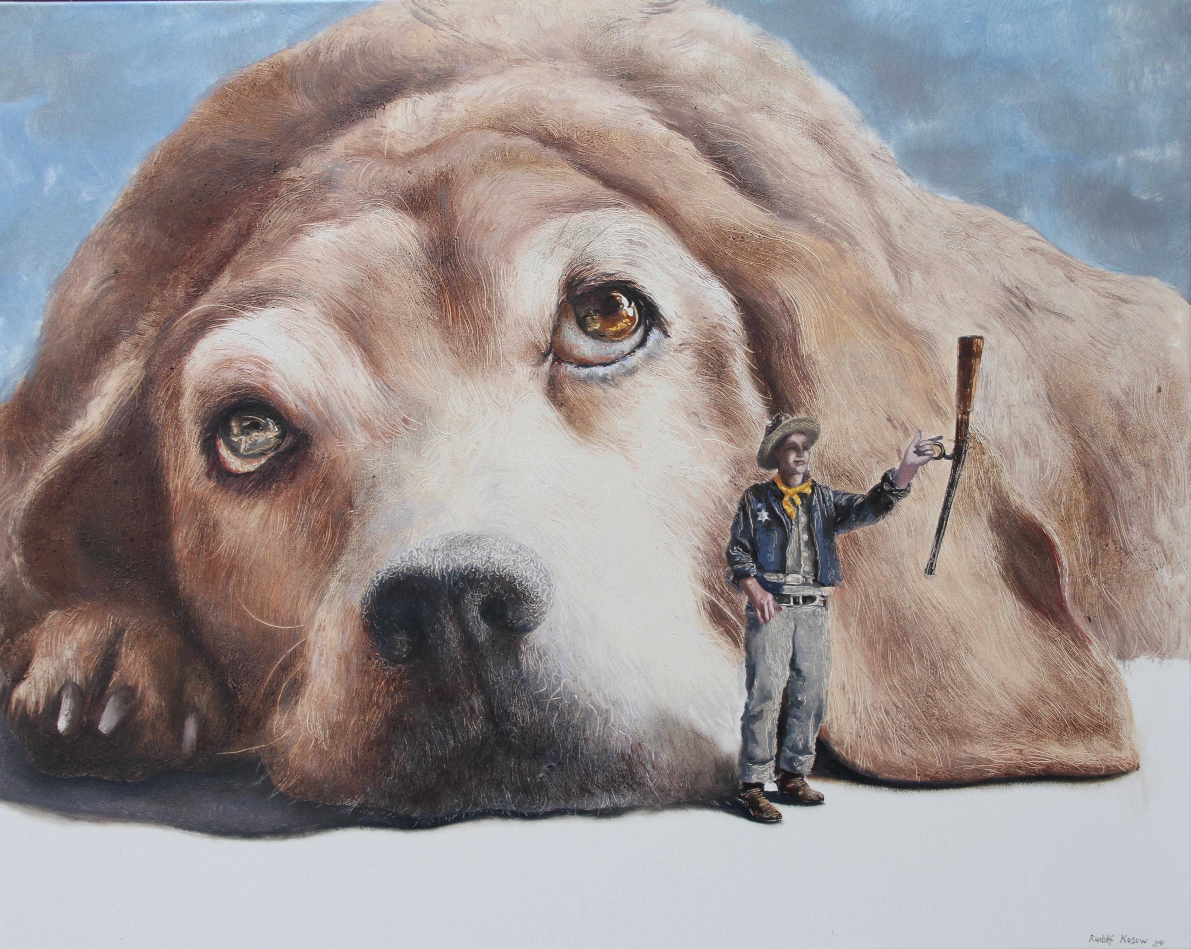 Braggart (beagle dog face cowboy shotgun americana vintage surreal oil painting) For Sale 1