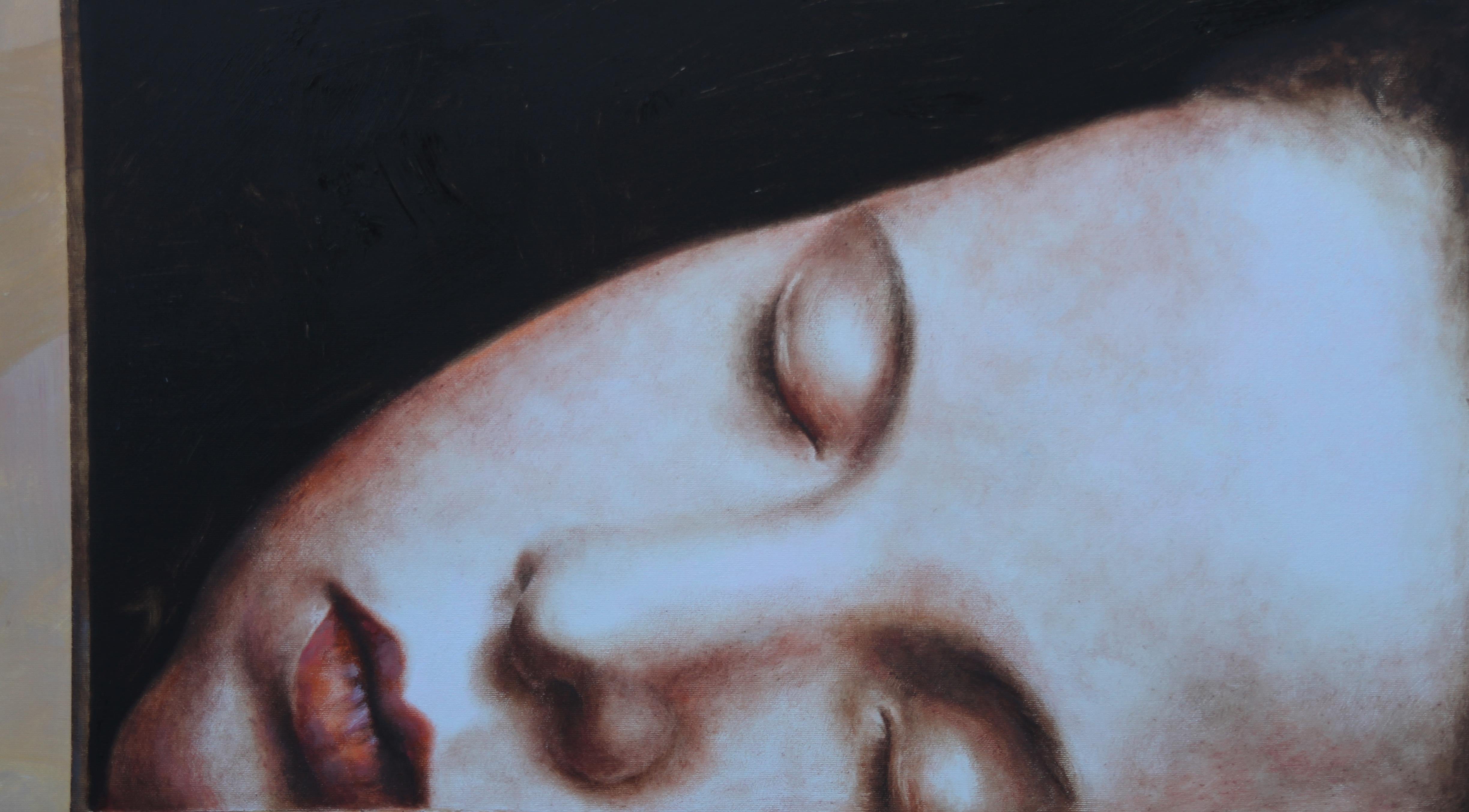 Captura (niña soldado pintura al óleo surrealista niño dormido retrato figurativo - Painting Surrealista de Rudolf Kosow