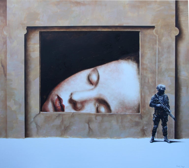 Rudolf Kosow Figurative Painting - Capture (girl soldier surrealist oil painting sleeping child portrait figurative