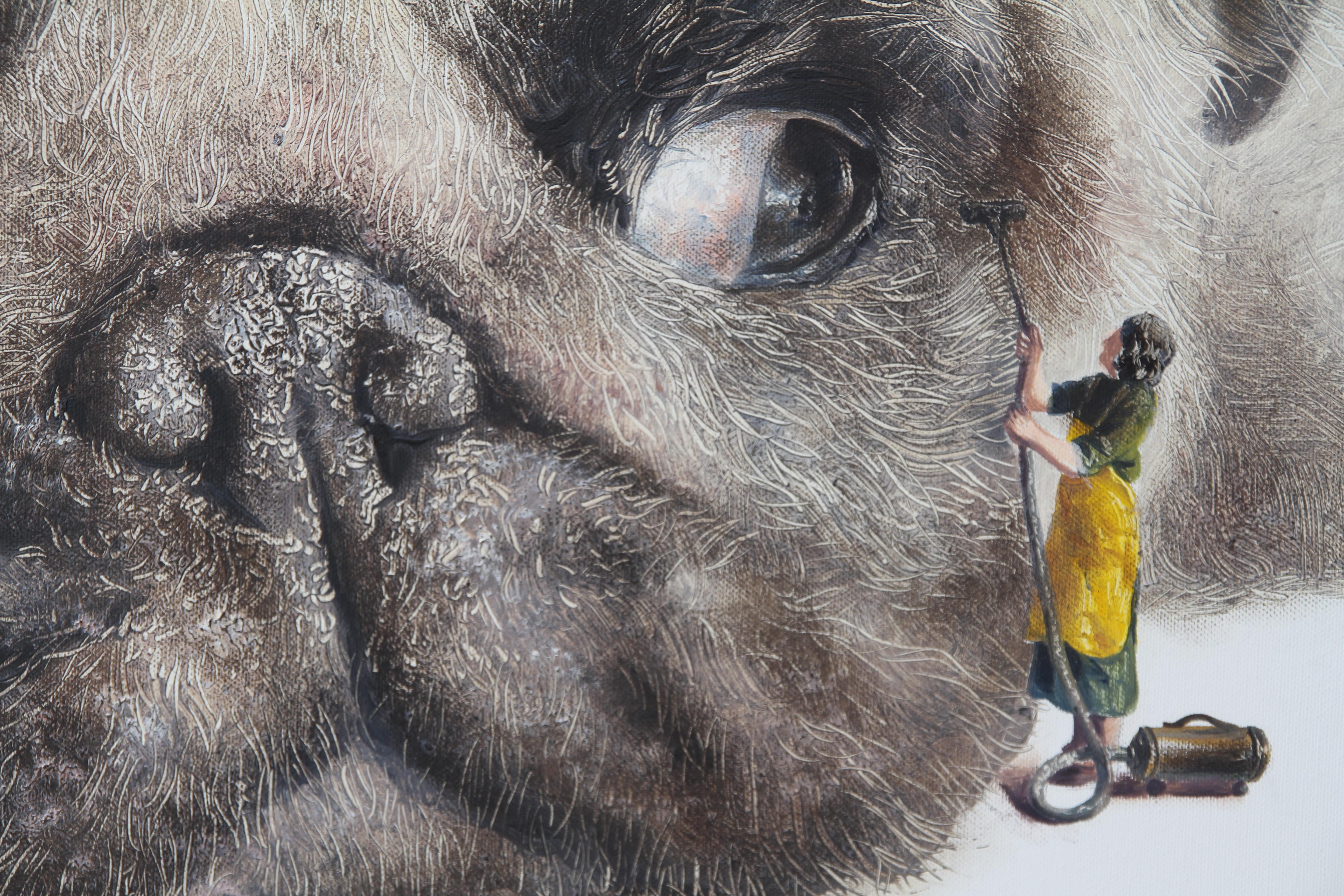 Cleaning Day (dog, snout, pug, lady, vintage, animal, surrealist oil painting) - Surrealist Painting by Rudolf Kosow