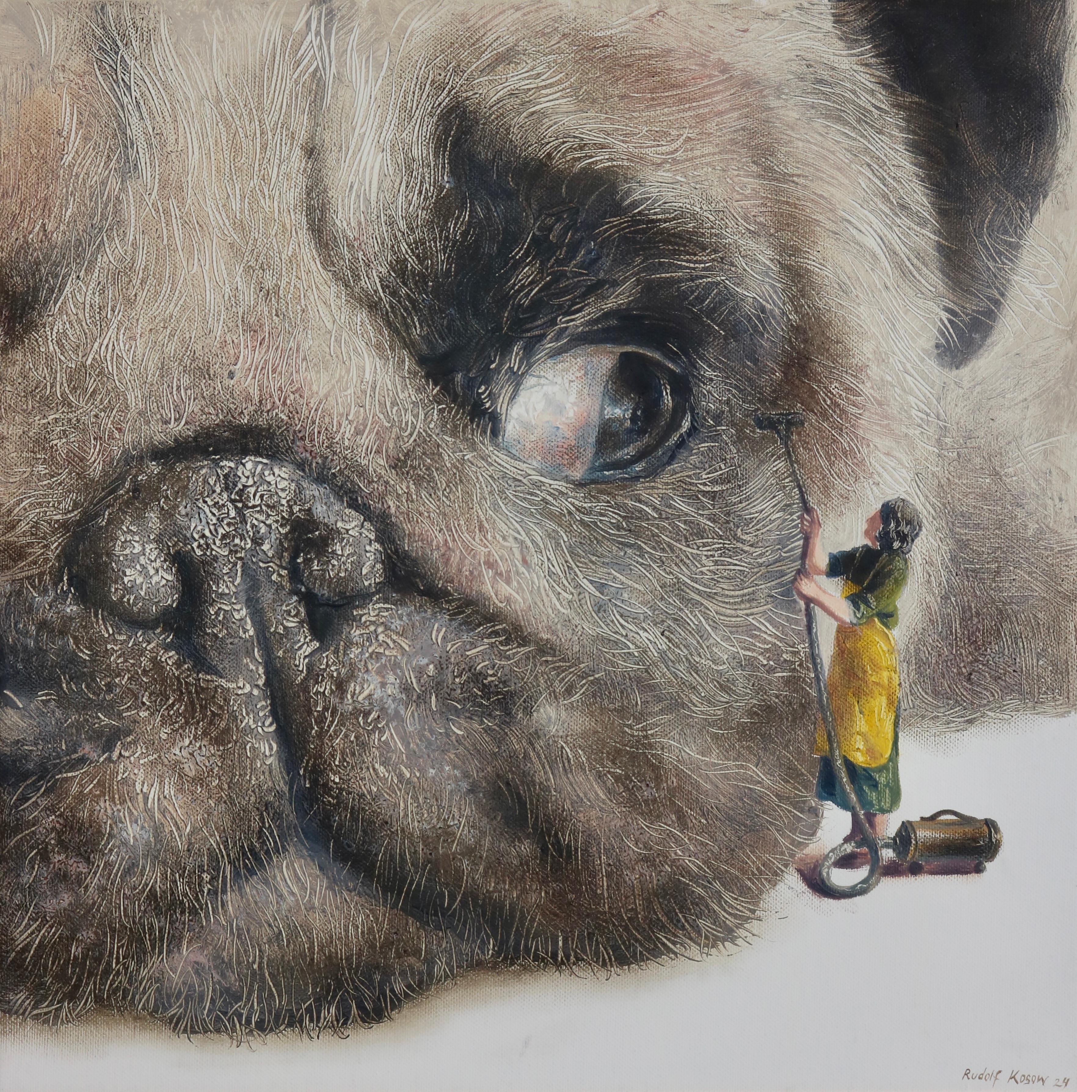 Rudolf Kosow Animal Painting - Cleaning Day (dog, snout, pug, lady, vintage, animal, surrealist oil painting)