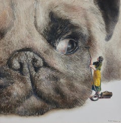 Cleaning Day (dog, snout, pug, lady, vintage, animal, surrealist oil painting)