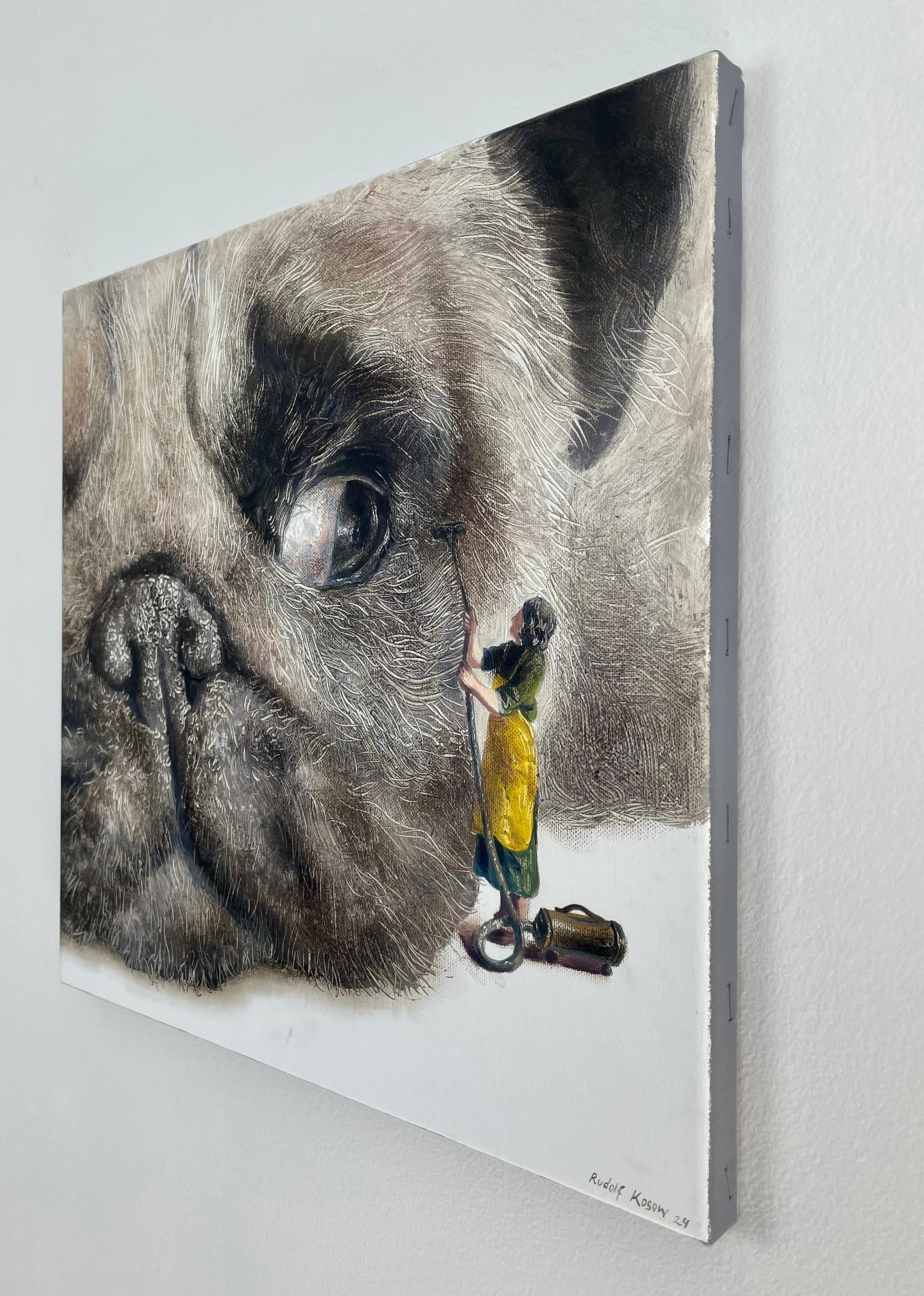 Cleaning Day (dog, snout, pug, lady, vintage, animal, surrealist oil painting) For Sale 1