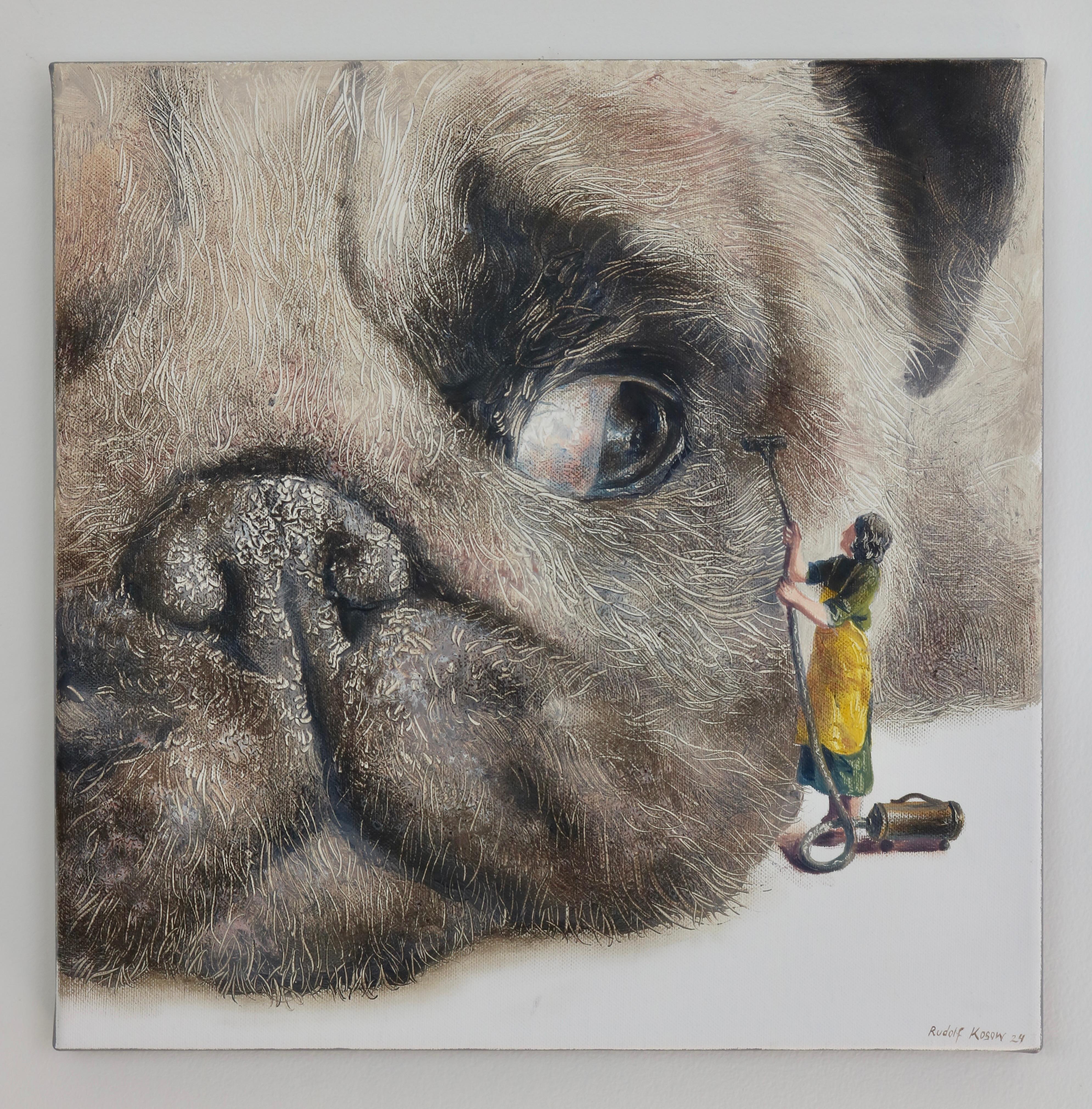 Cleaning Day (dog, snout, pug, lady, vintage, animal, surrealist oil painting) For Sale 2