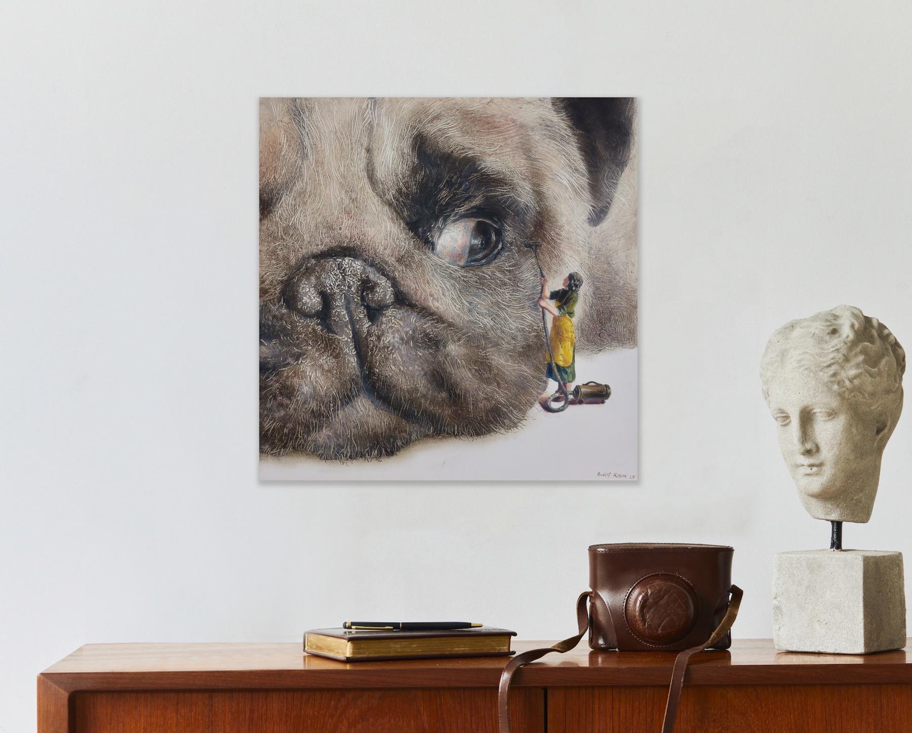 Cleaning Day (dog, snout, pug, lady, vintage, animal, surrealist oil painting) For Sale 3