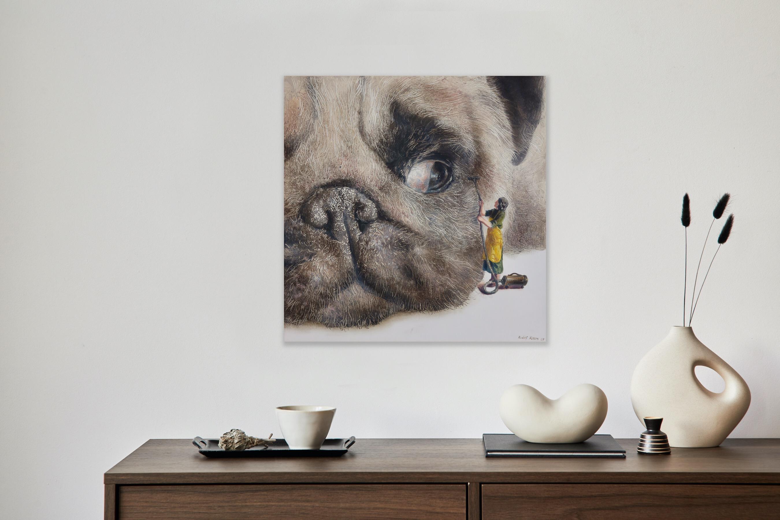 Cleaning Day (dog, snout, pug, lady, vintage, animal, surrealist oil painting) For Sale 4